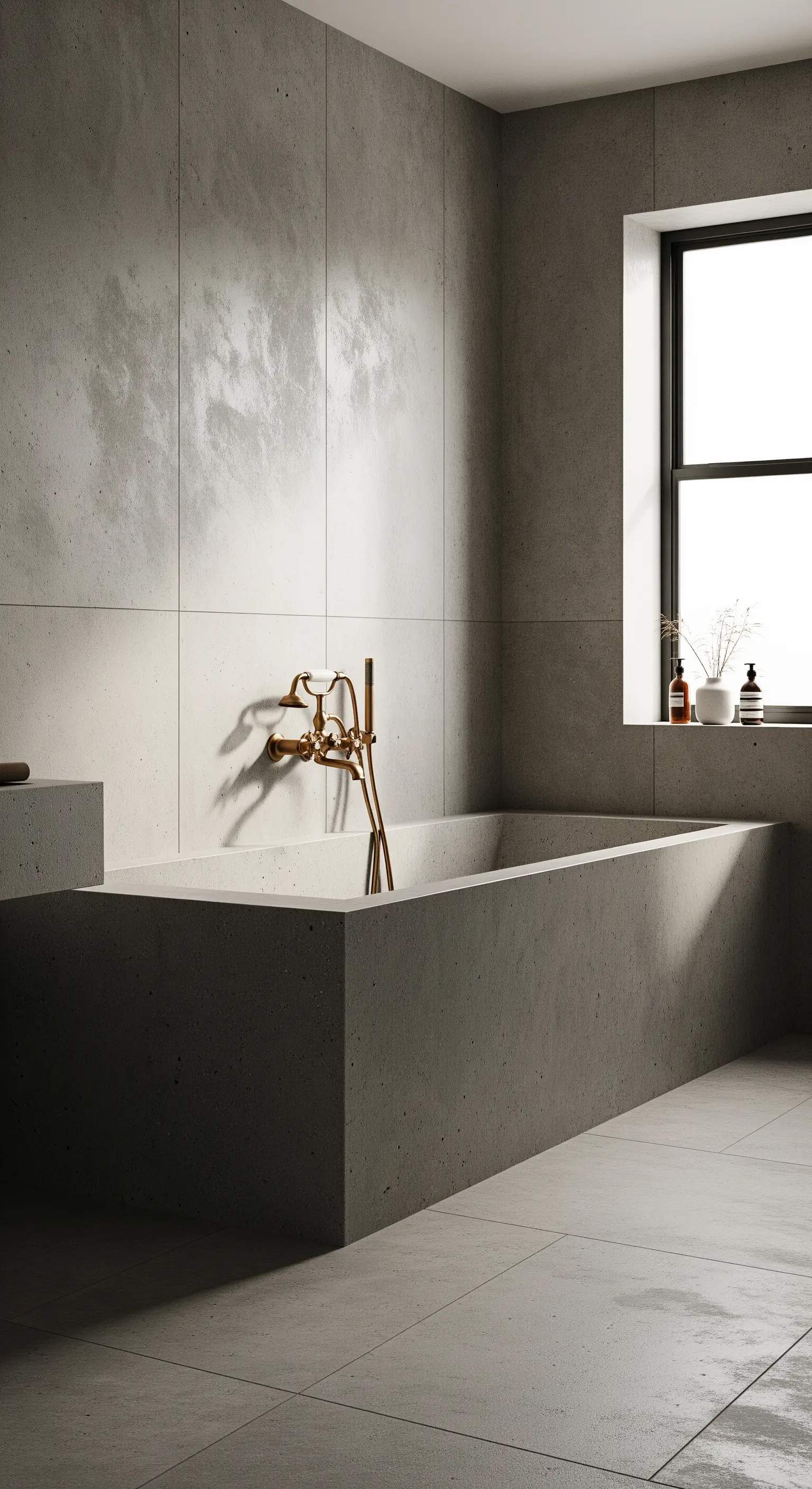 Vasca squadrata in cemento in un bagno minimalista con rubinetto in ottone a parete.