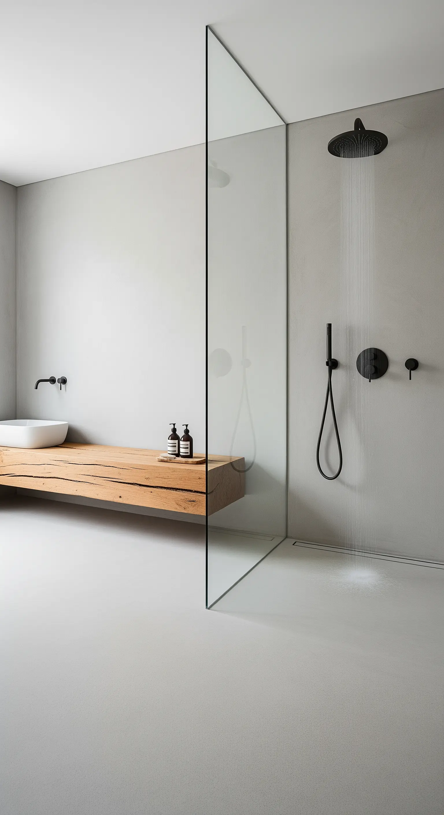 Bagno minimalista con mensola sospesa in legno grezzo e doccia walk-in.