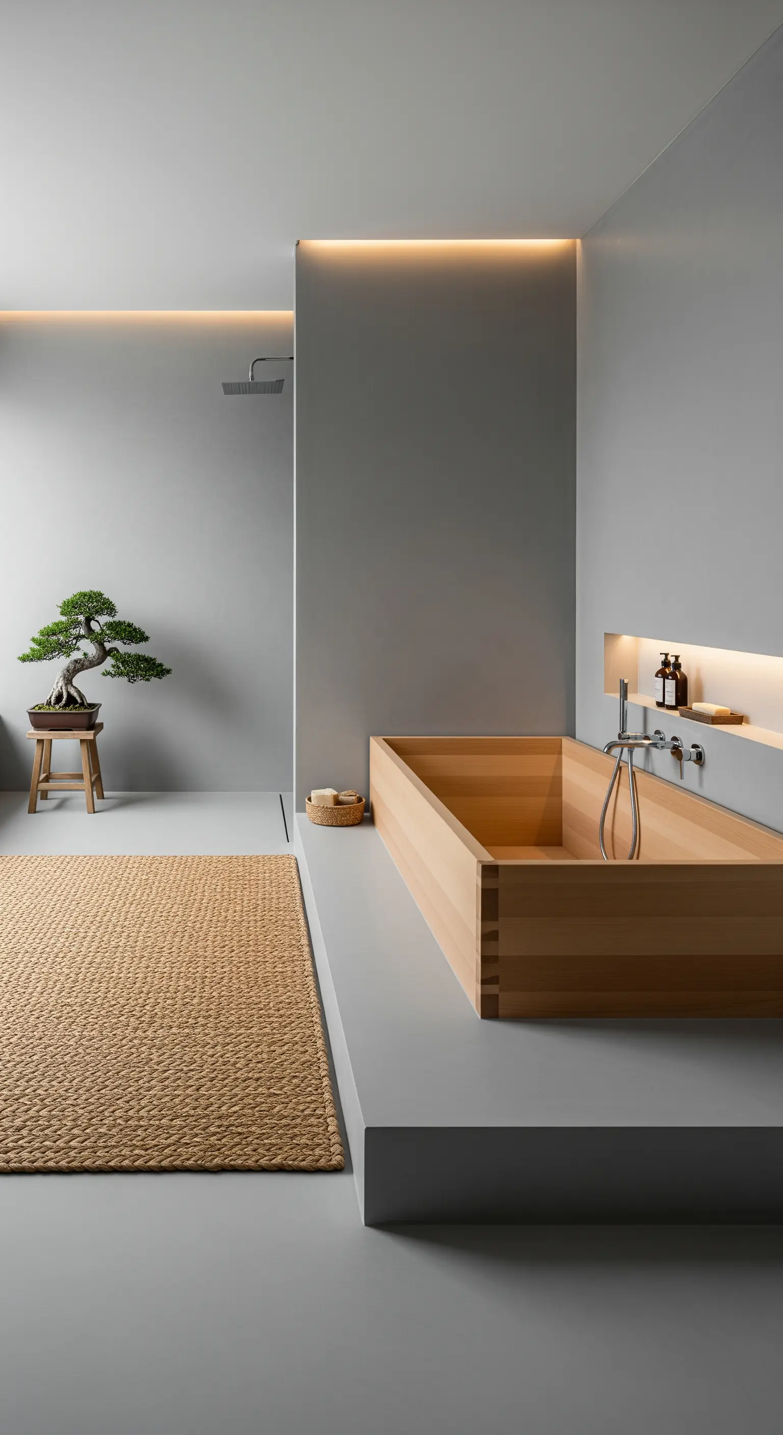Bagno minimalista grigio con vasca in legno e illuminazione a LED integrata.