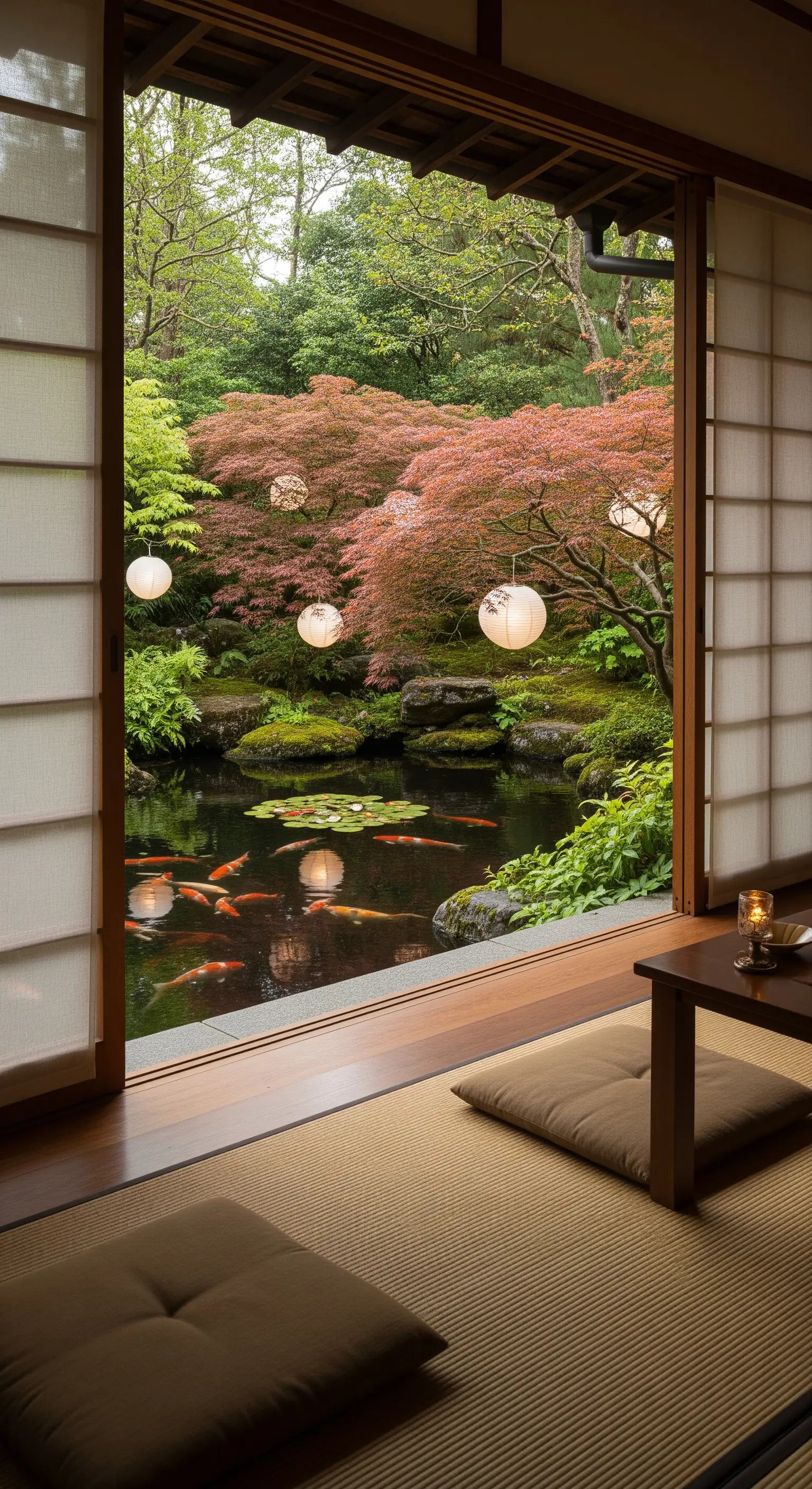 Vista di un giardino giapponese con laghetto koi da una stanza con porte scorrevoli e tatami