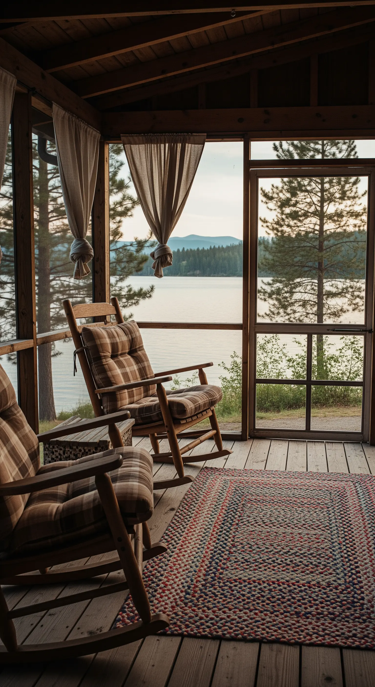 Veranda rustica affacciata sul lago con sedie a dondolo, cuscini a quadri e tappeto intrecciato.