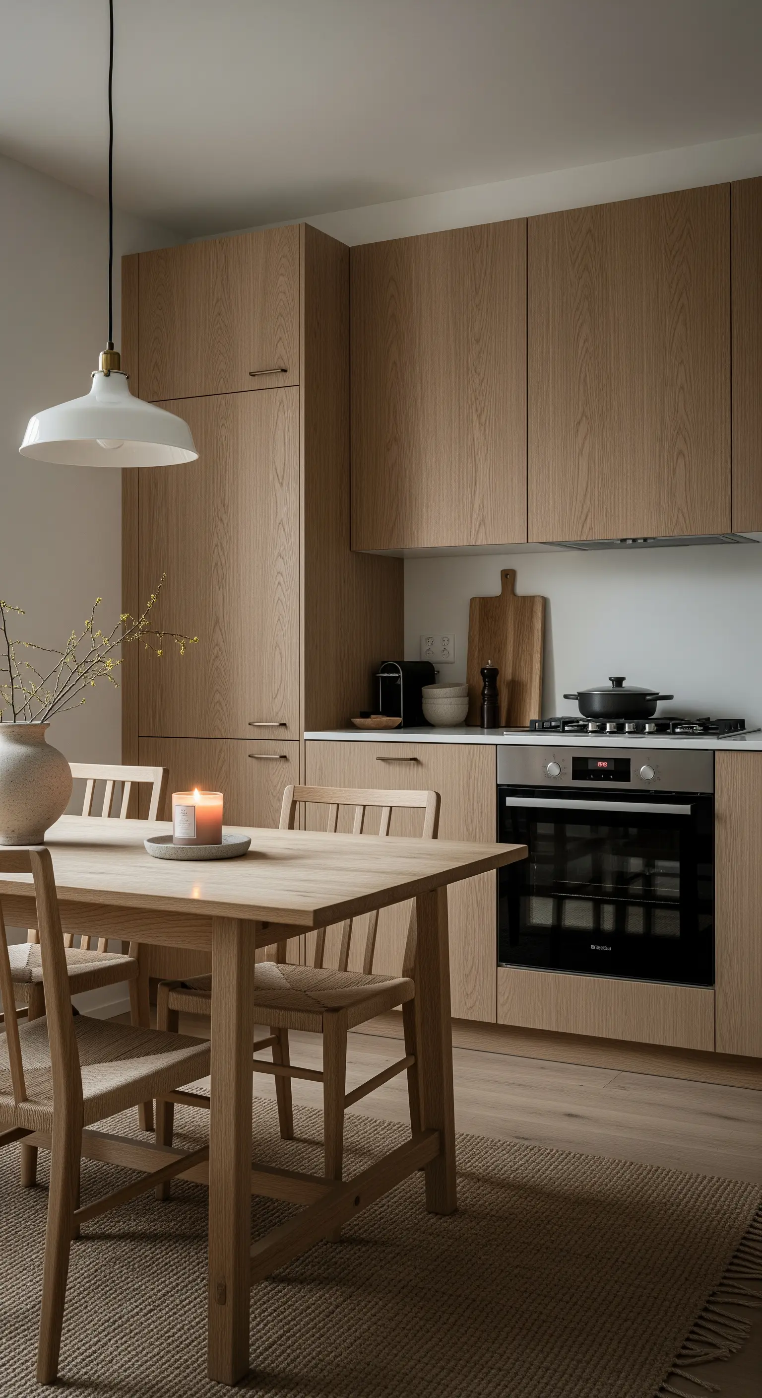 Cucina in stile Japandi con mobili in legno chiaro, tavolo coordinato e tappeto in iuta naturale.