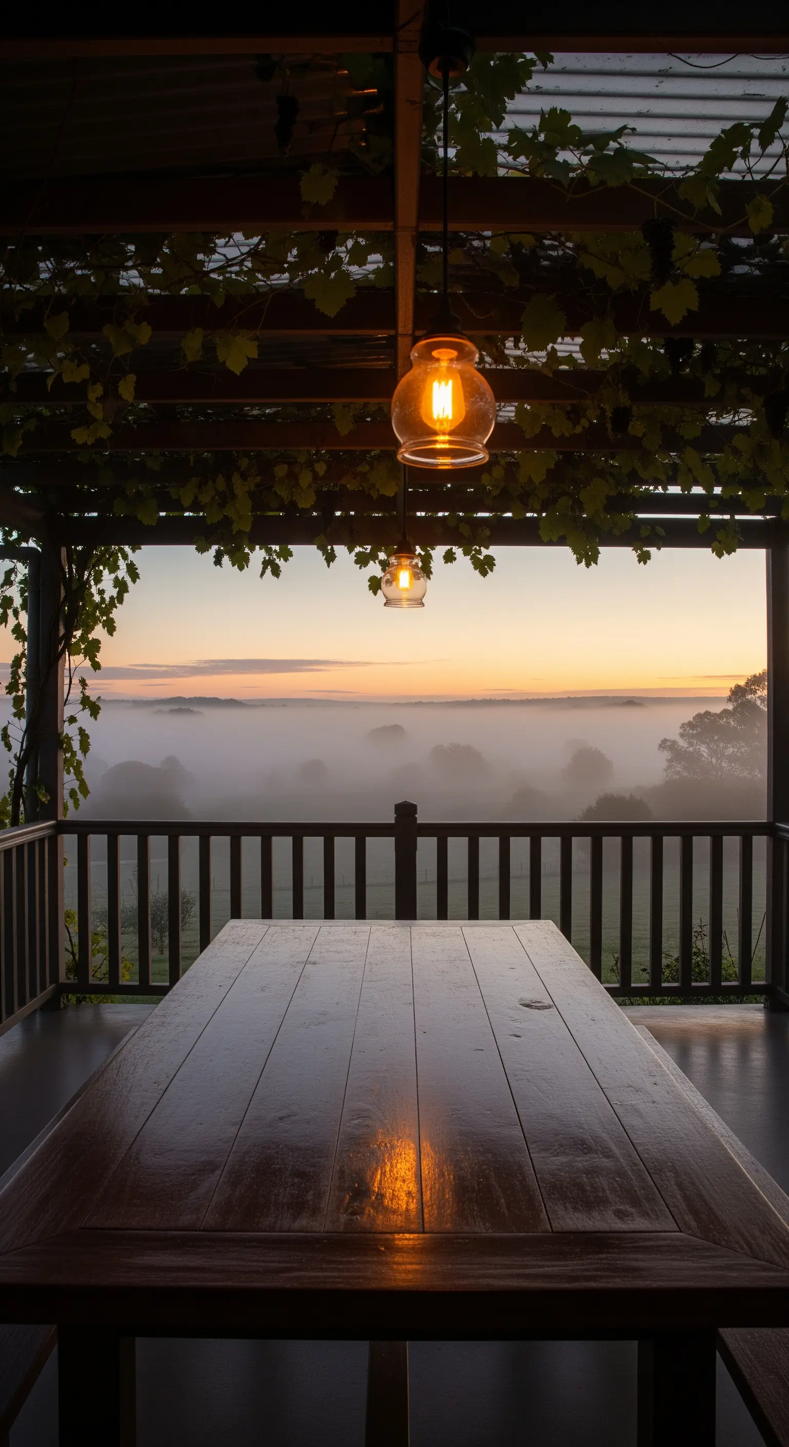 Tavolo in legno su una veranda affacciata su un paesaggio nebbioso all'alba