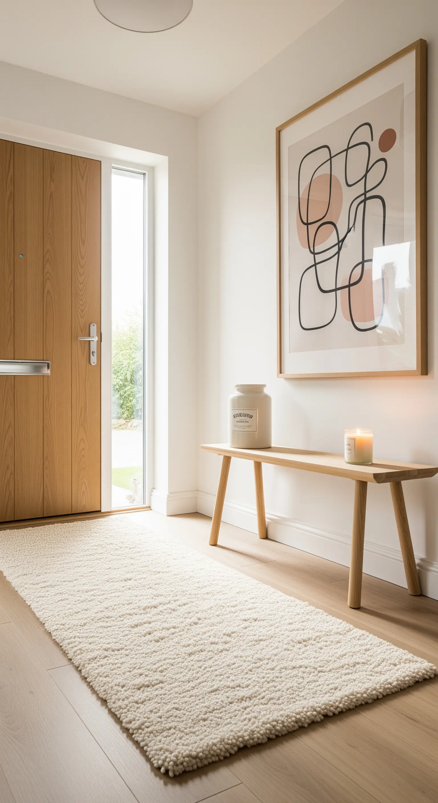 Ingresso minimalista con panca in legno, tappeto color crema e quadro astratto alla parete.