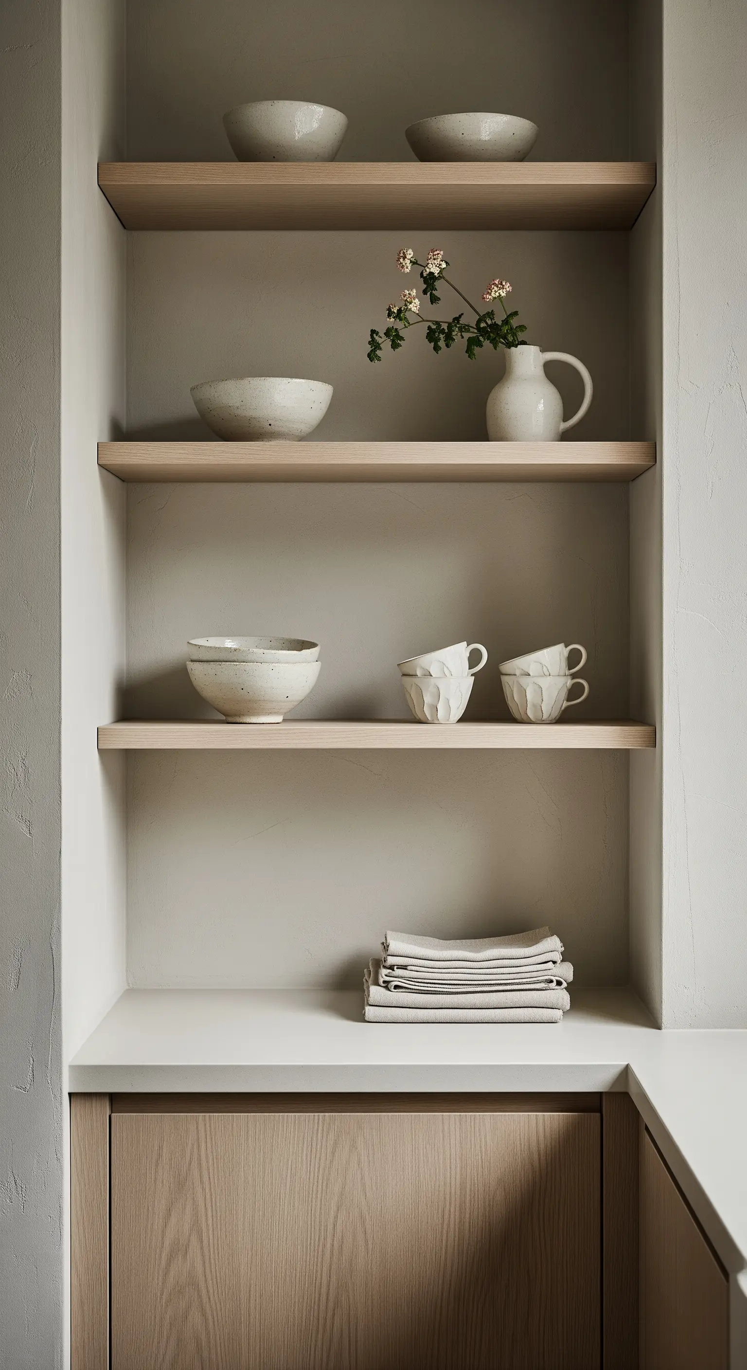 Nicchia a muro con mensole in legno chiaro e ceramiche artigianali.