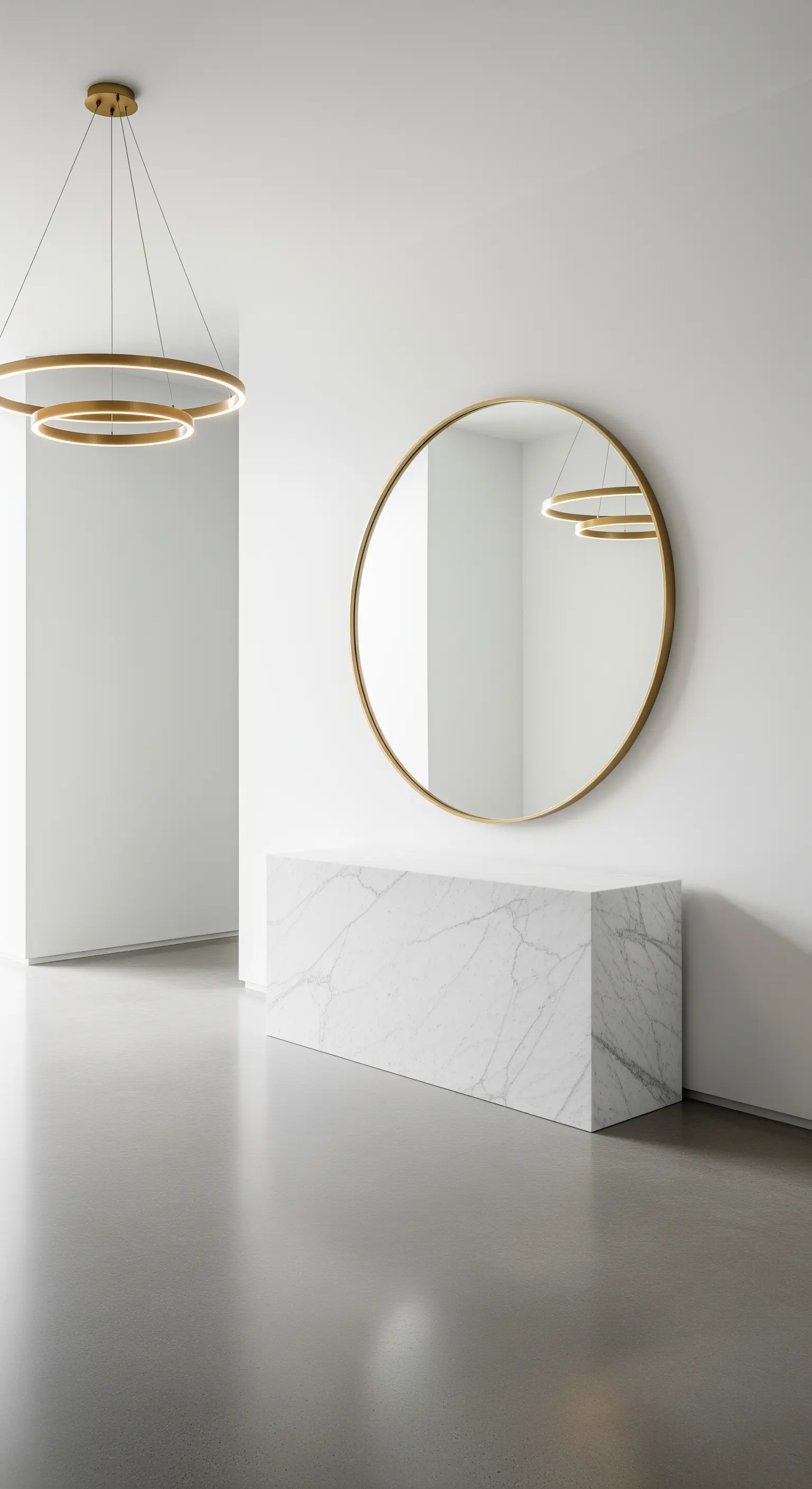 Ingresso minimalista con specchio rotondo dorato e consolle a blocco in marmo bianco.