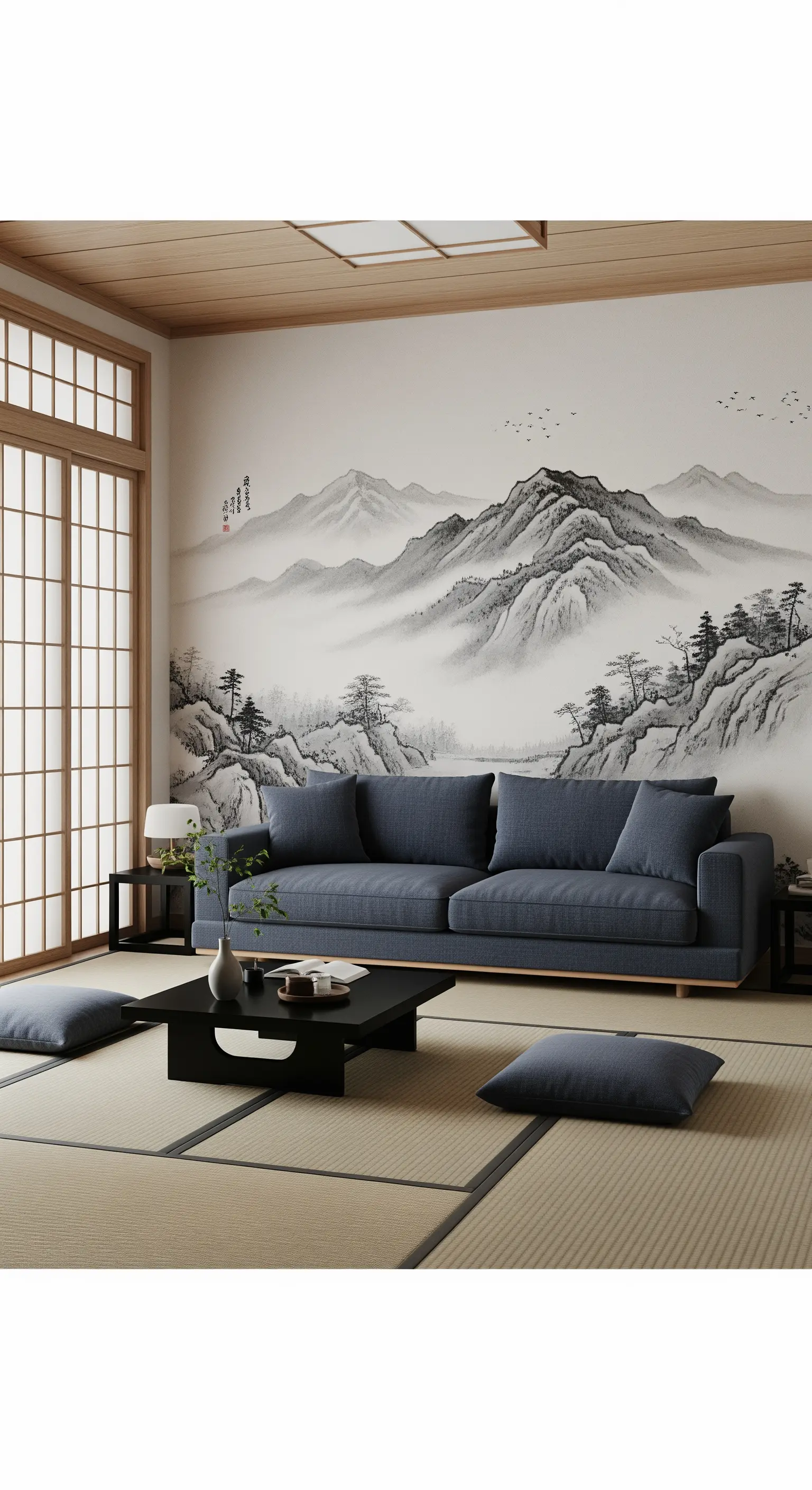 Soggiorno in stile giapponese con murale di un paesaggio a inchiostro e divano basso grigio-azzurro.