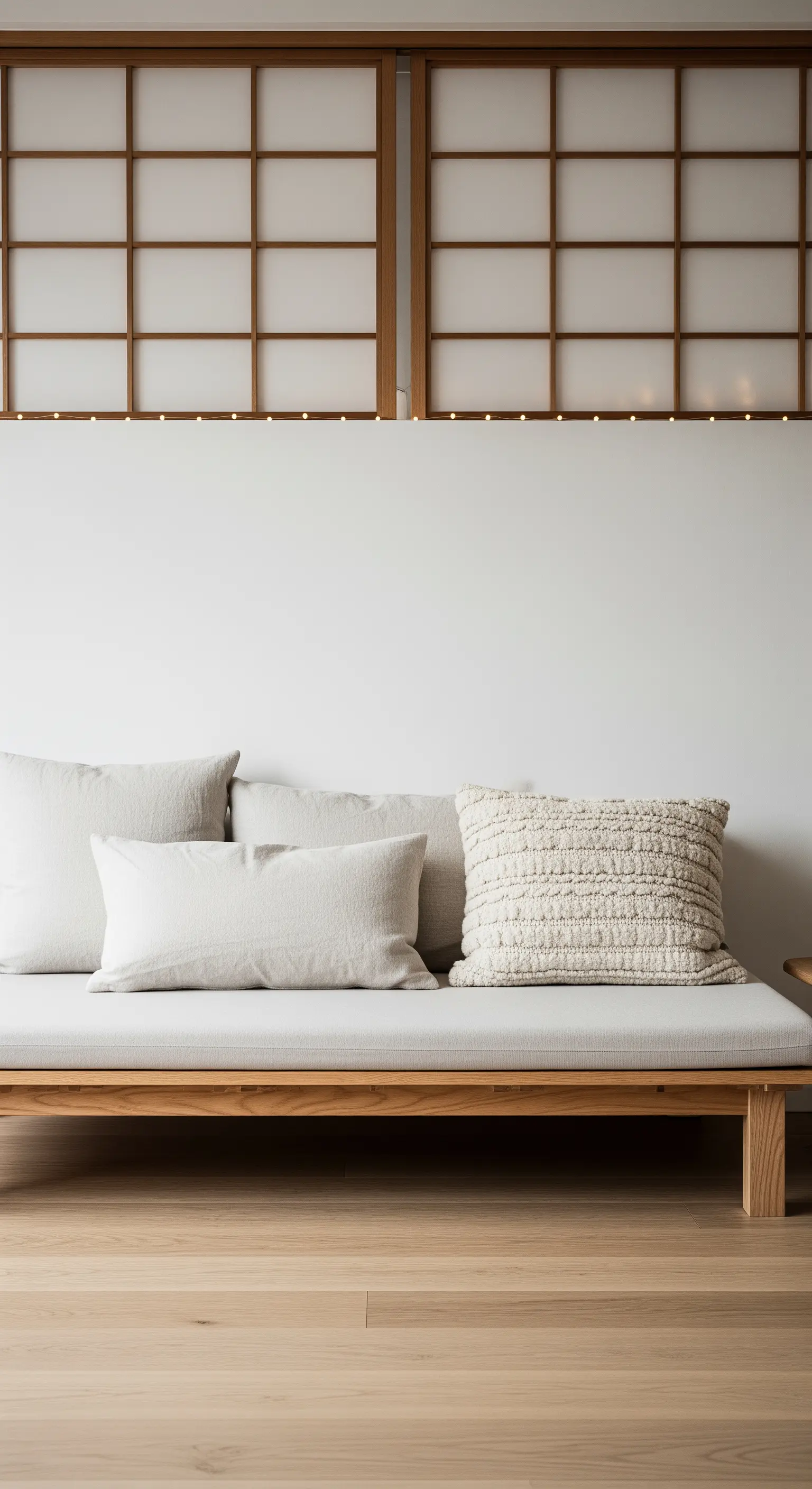 Salotto minimalista di ispirazione giapponese con una linea sottile di luci sopra il divano.