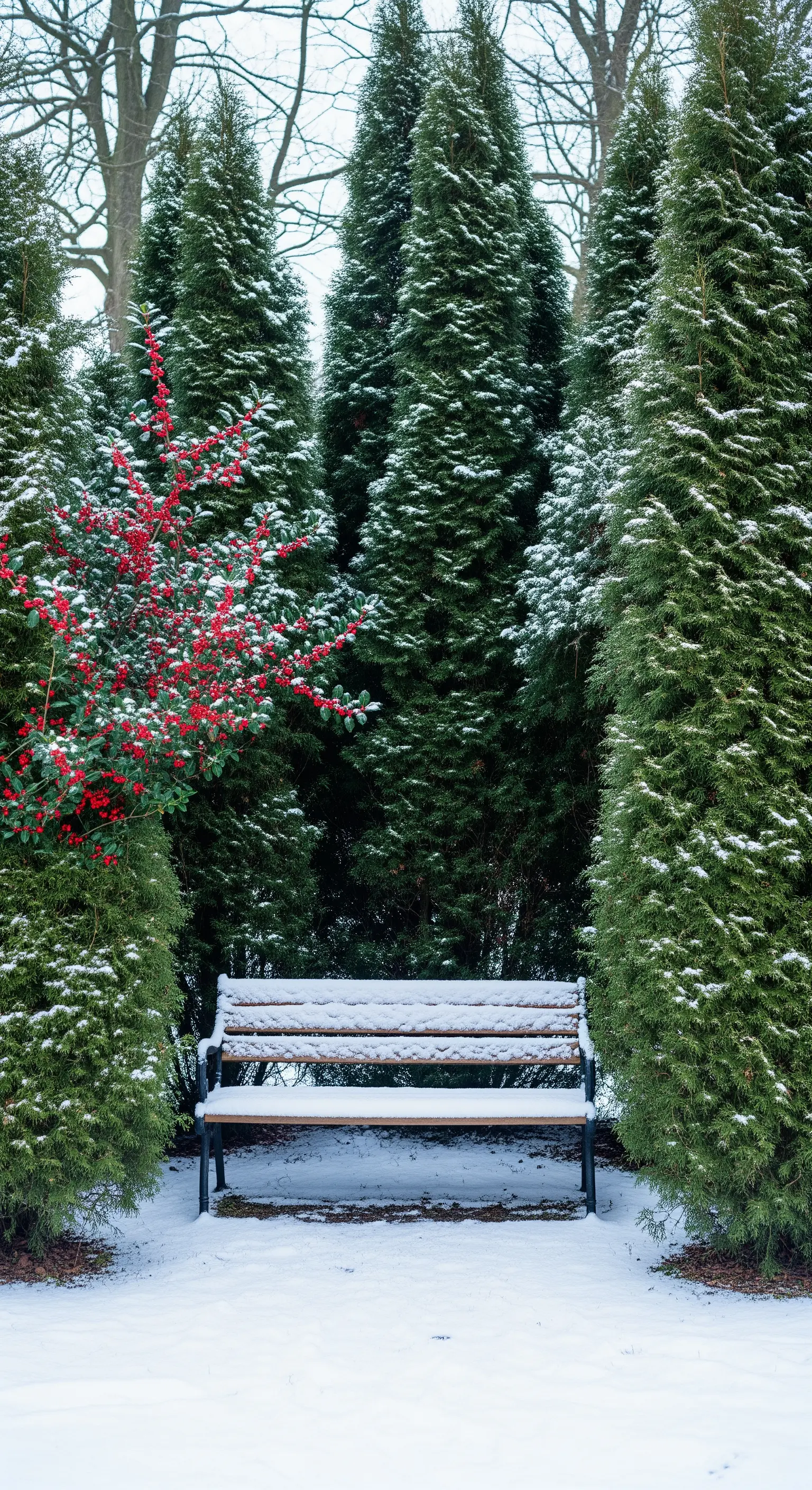 Panchina di legno e ferro coperta di neve, situata tra alti abeti e un agrifoglio.