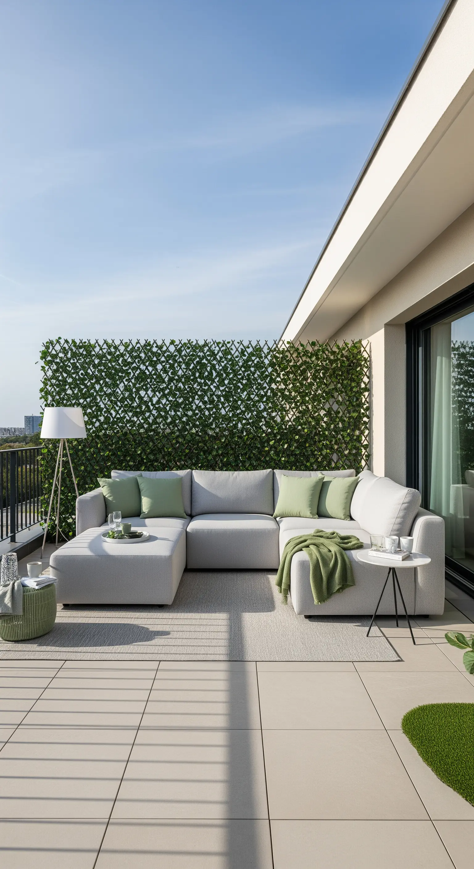 Ampia terrazza con divano modulare grigio chiaro, tappeto e parete divisoria con edera finta.