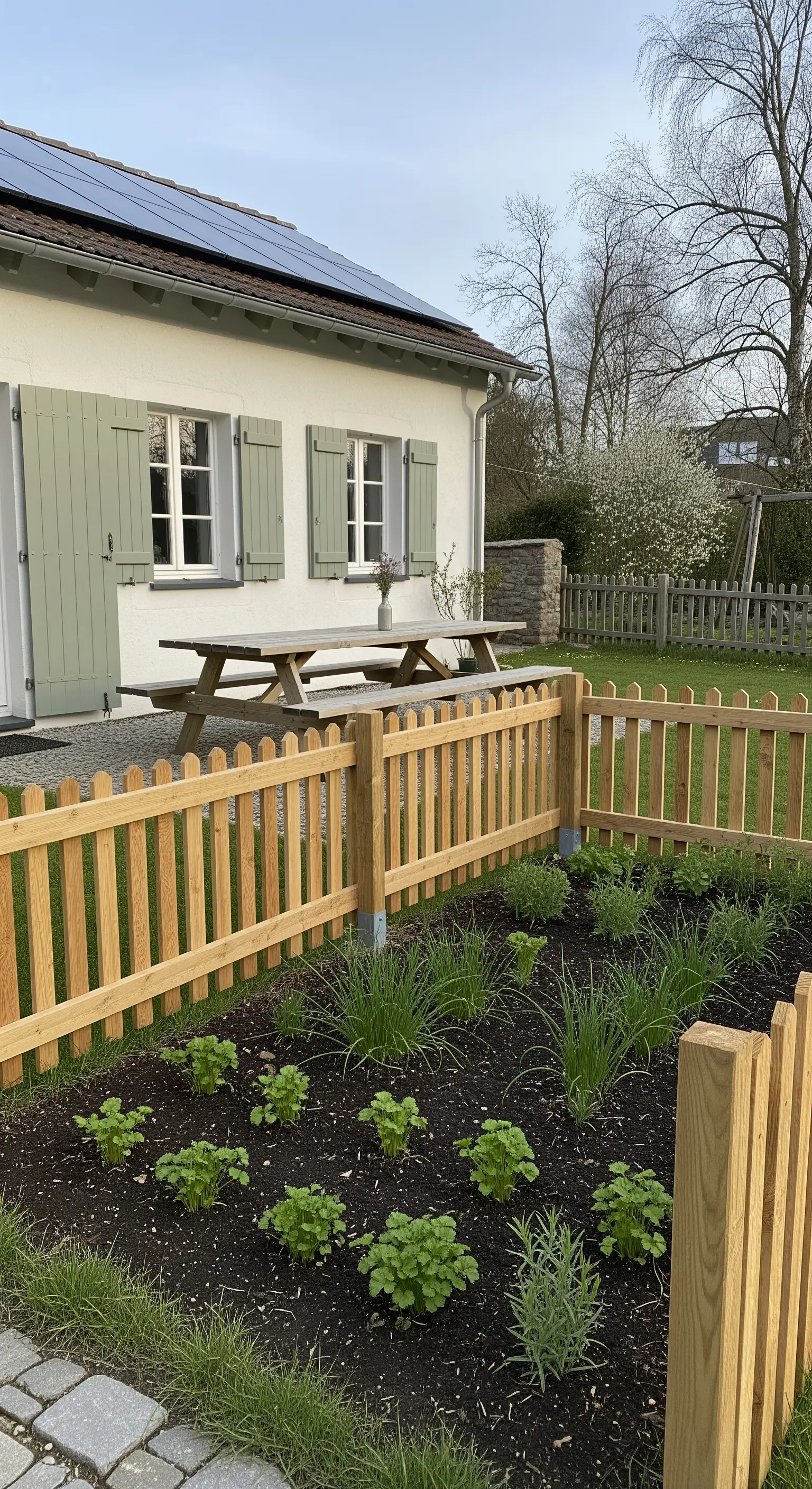 Orto aromatico appena piantato e recintato da una staccionata in legno chiaro.