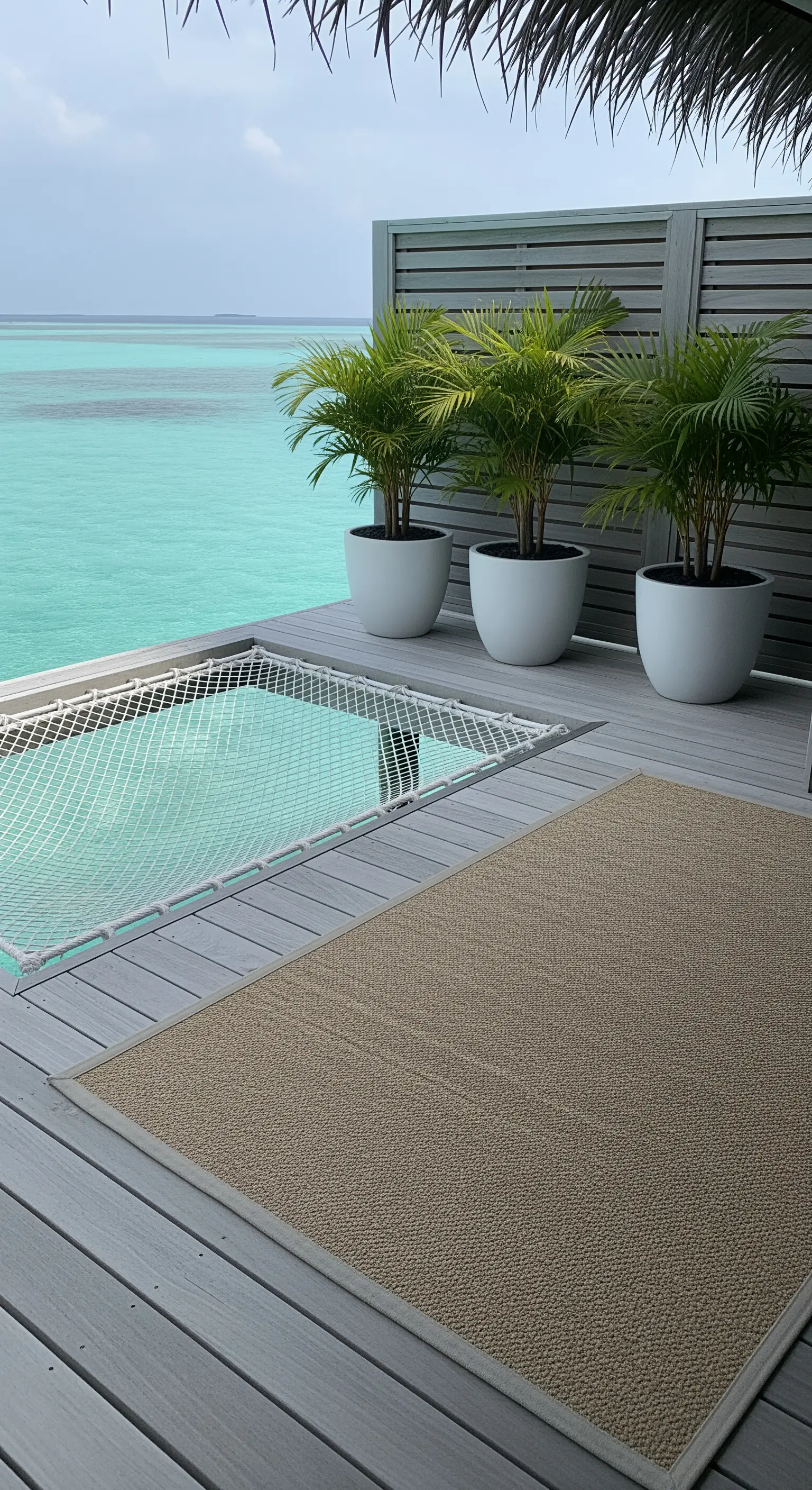 Terrazza in legno sull'acqua con rete-amaca integrata e piante in vaso.