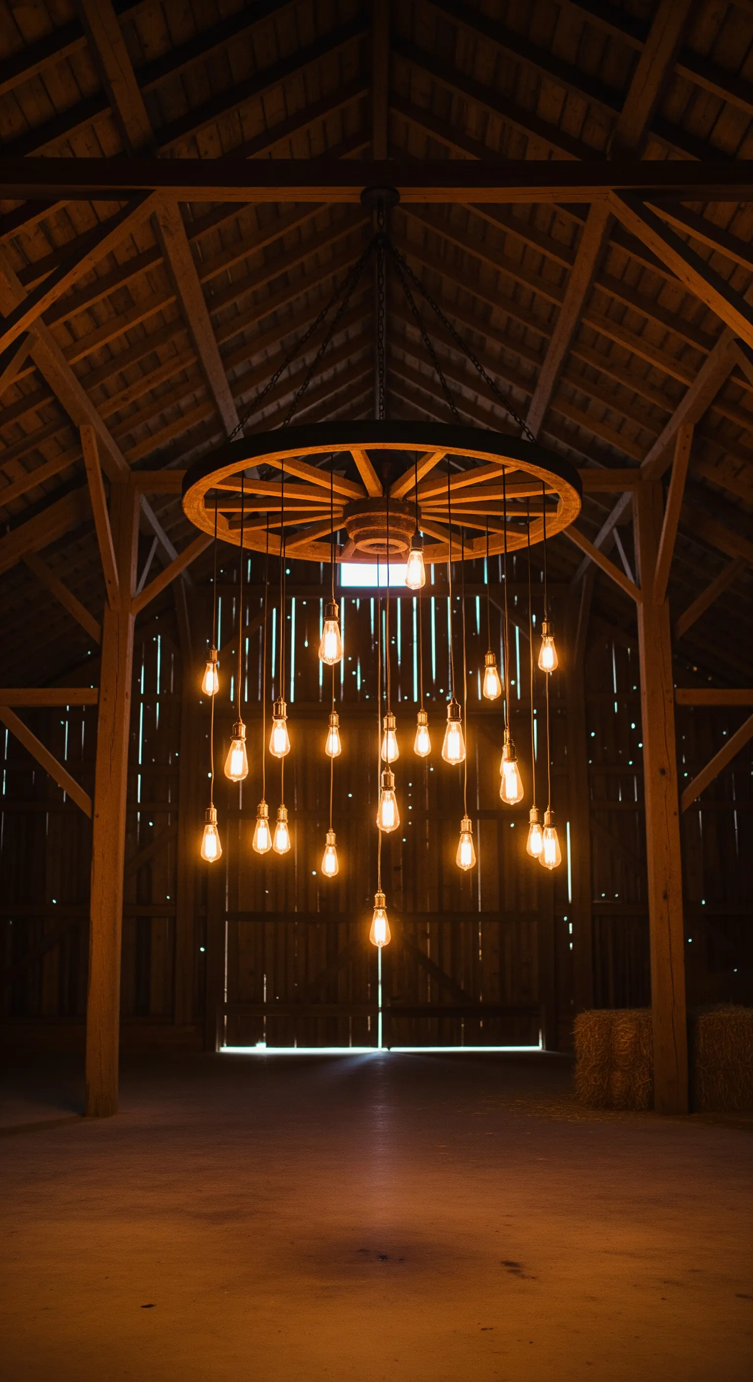 Lampadario rustico creato con una ruota di carro e lampadine Edison appese a diverse altezze.