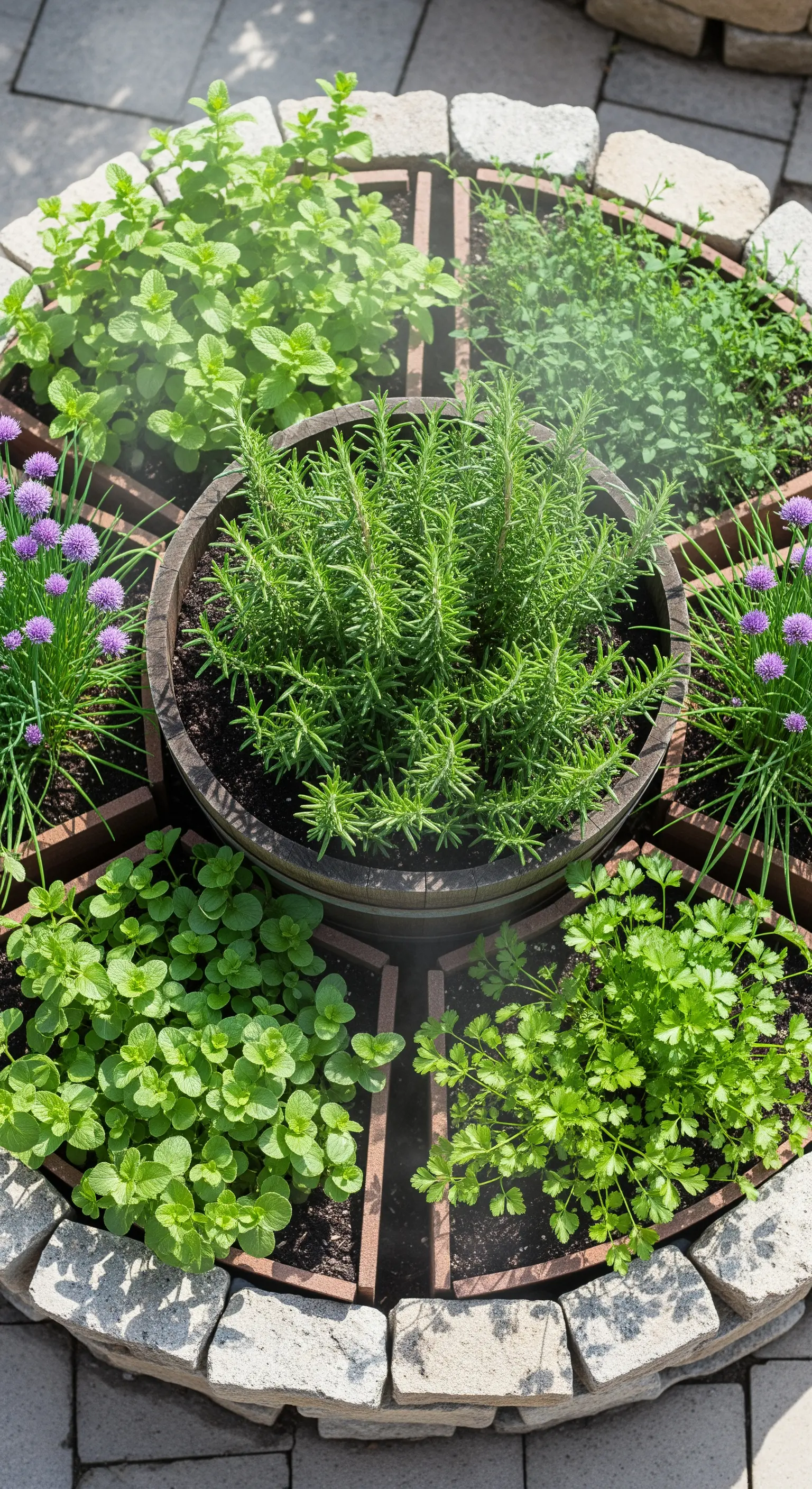Giardino di erbe aromatiche a forma di ruota con una botte centrale e spicchi di pietra