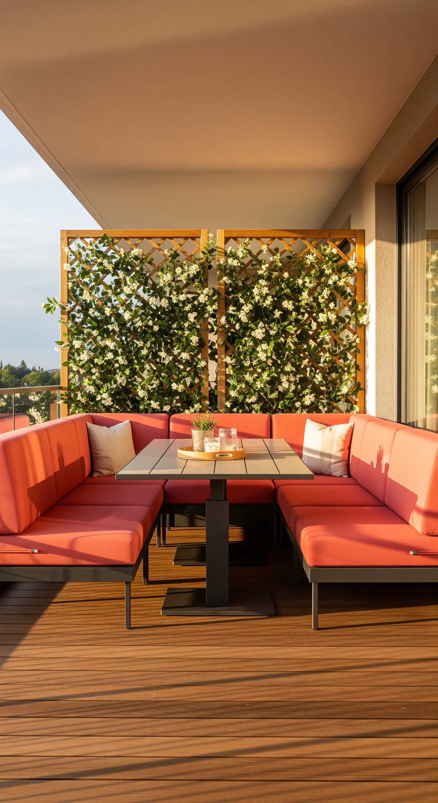 Terrazza con tavolo da pranzo circondato da un divano modulare a U color corallo.