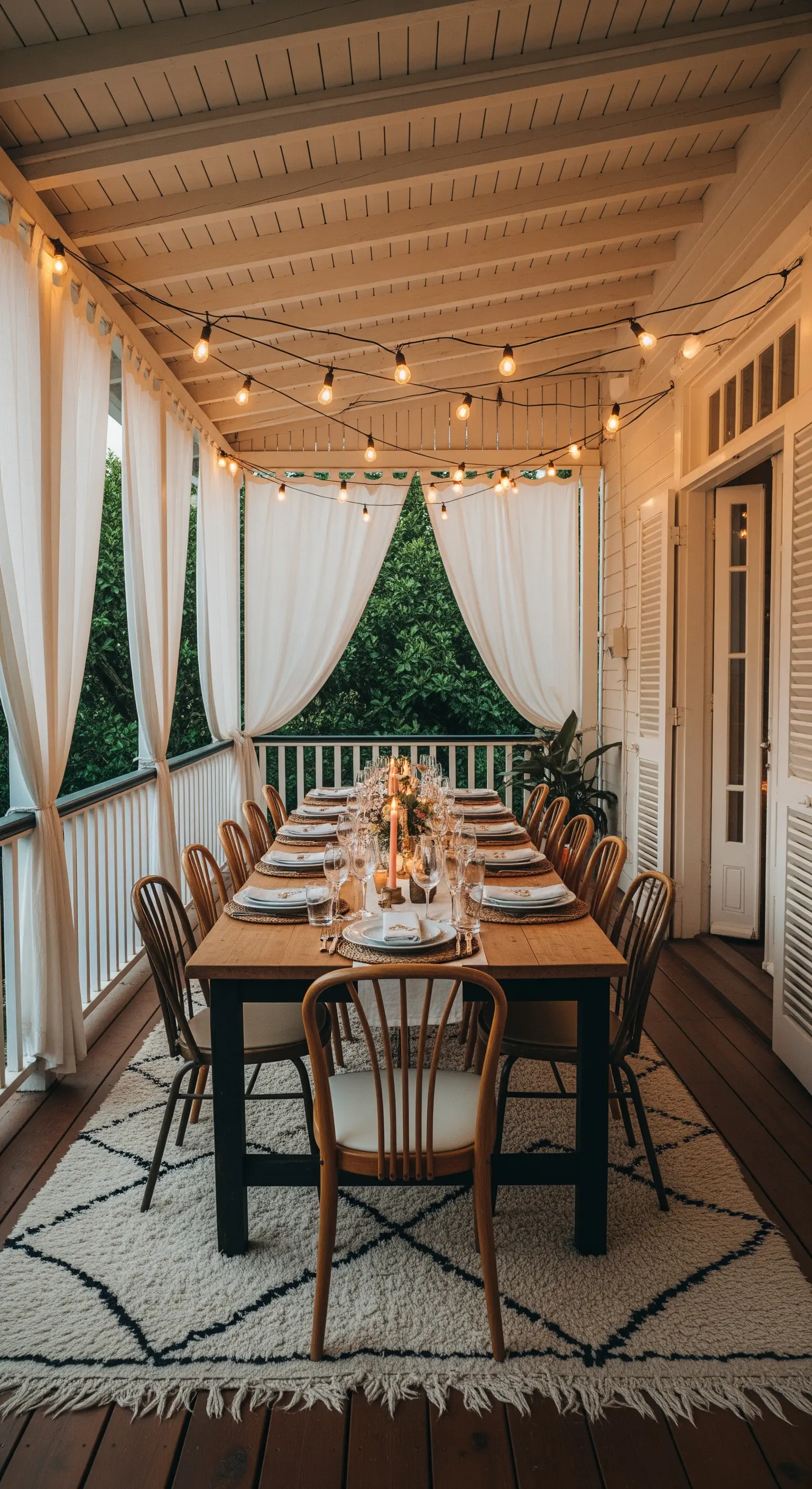 Tavolo da pranzo in legno su una veranda con tappeto, tende bianche e luci a filo.