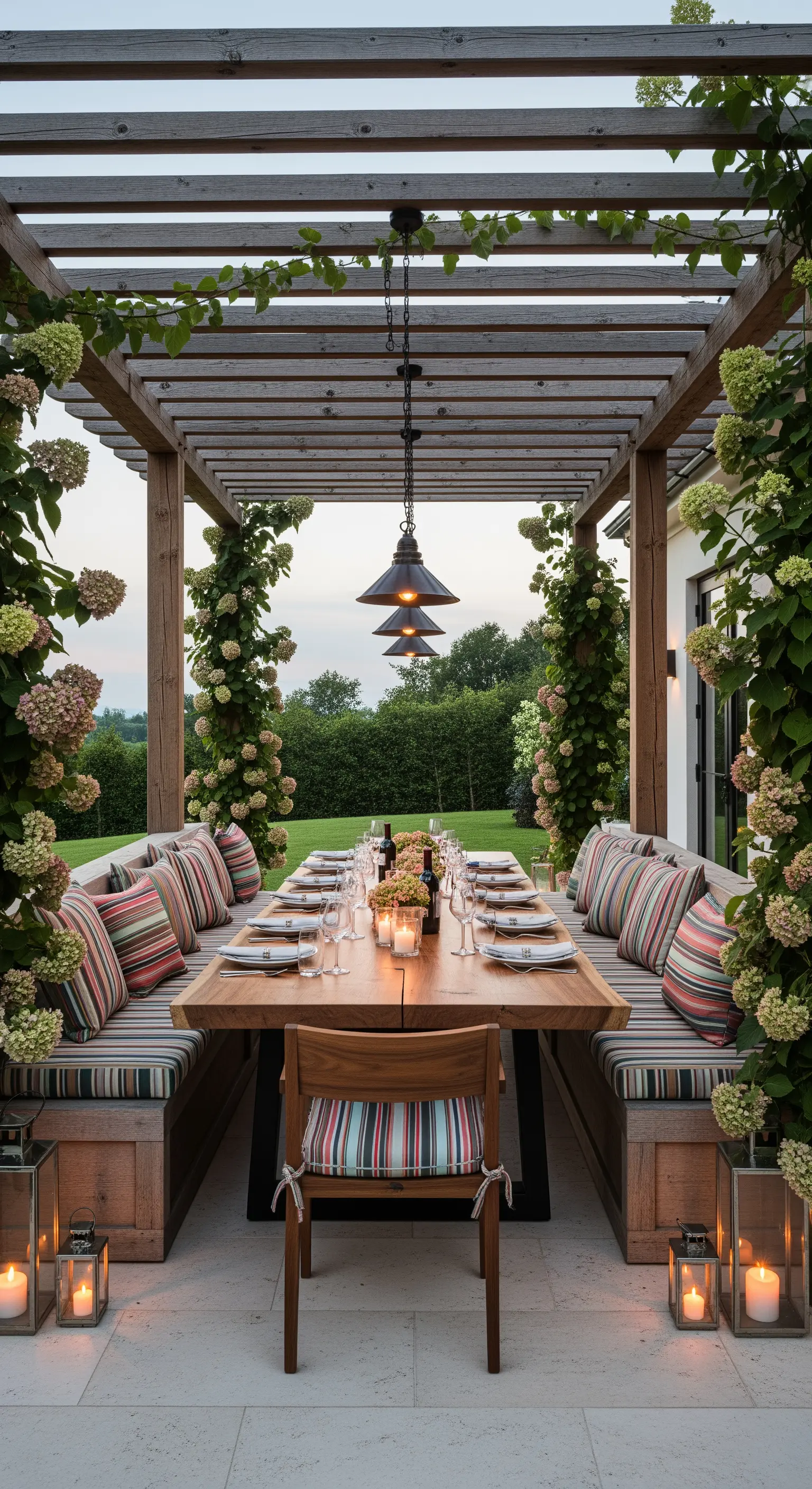 Lungo tavolo da pranzo con panche e cuscini a righe sotto un pergolato illuminato da lanterne.