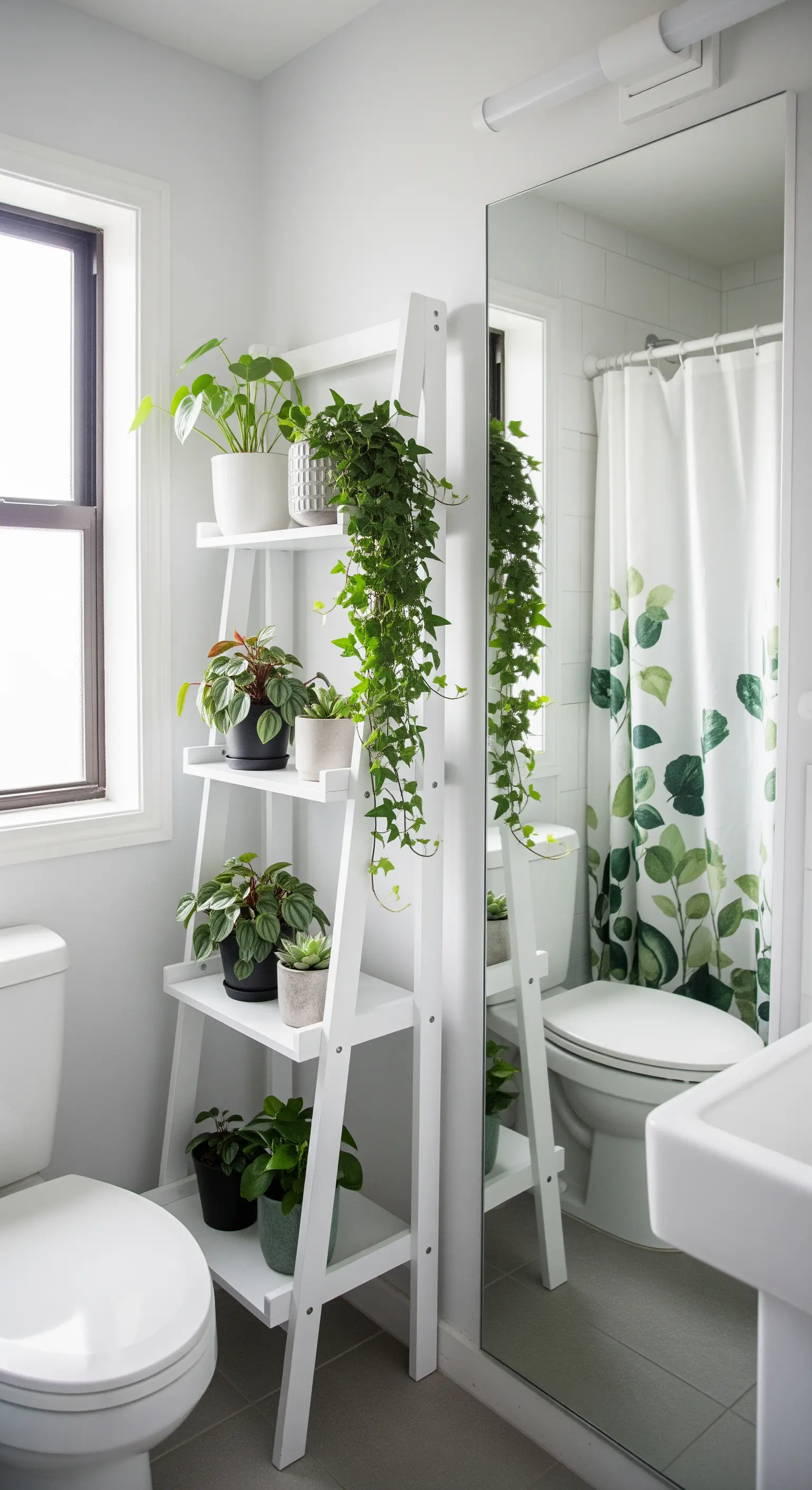 Scaffale a scala bianco con diverse piante in vaso accanto a un grande specchio.