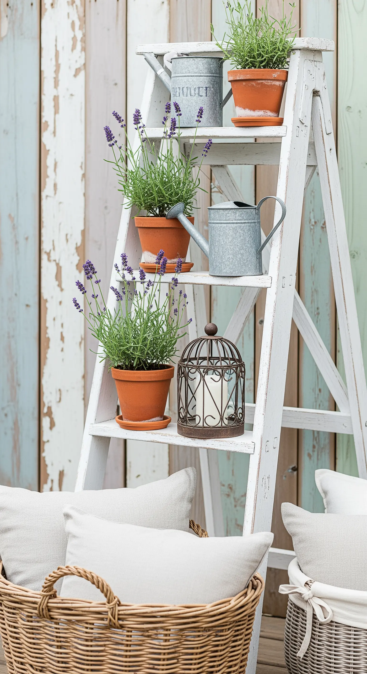 Scala a pioli bianca usata come espositore per piante di lavanda e oggetti decorativi.