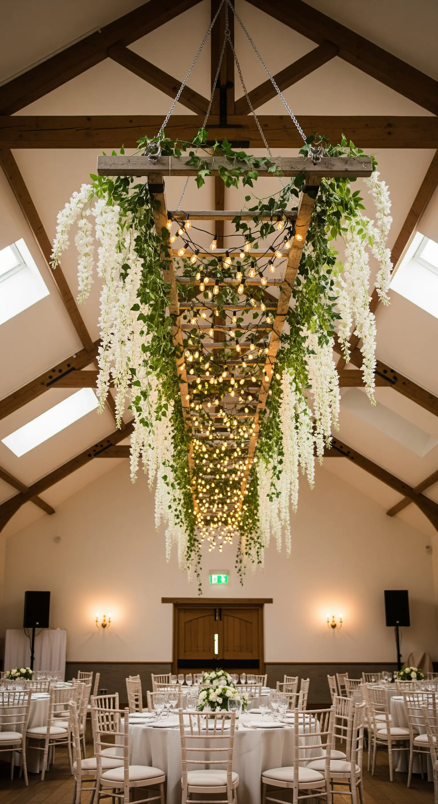 Vecchia scala di legno appesa al soffitto, usata come lampadario con luci e fiori bianchi.