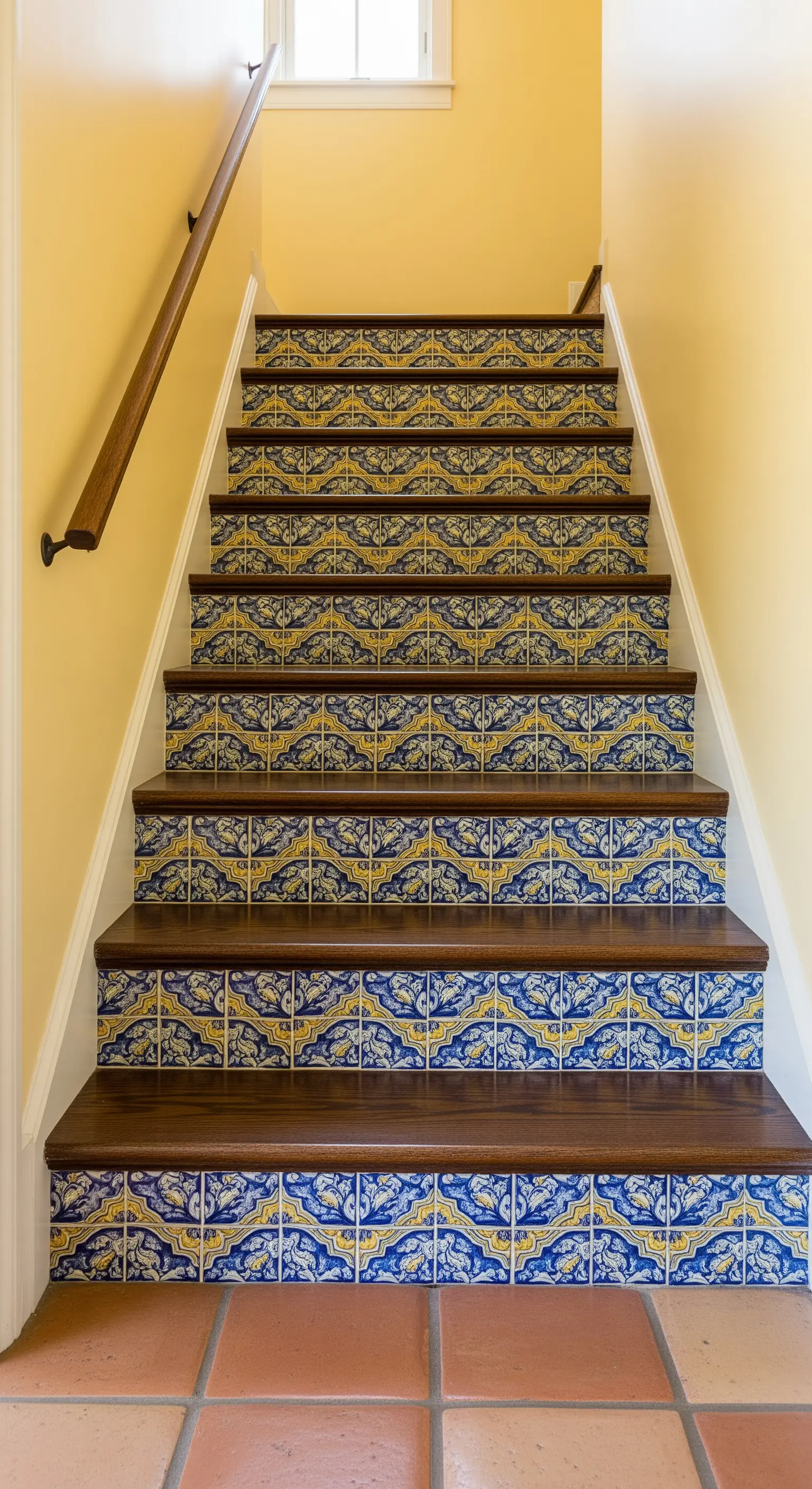 Scala con pedate in legno e alzate rivestite con maioliche blu e gialle.