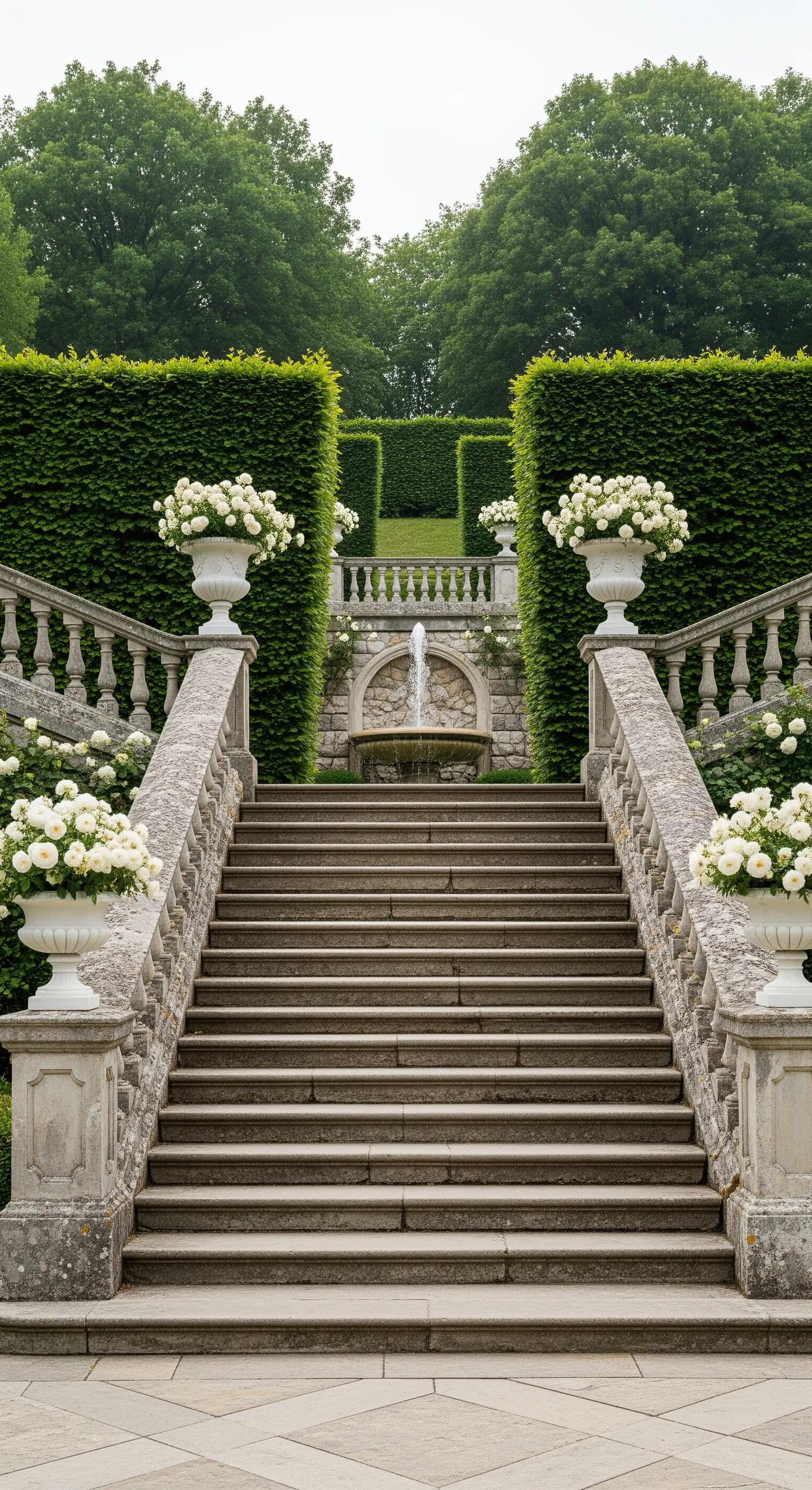 Grande scalinata in pietra con balaustre classiche, decorata con vasi bianchi pieni di rose