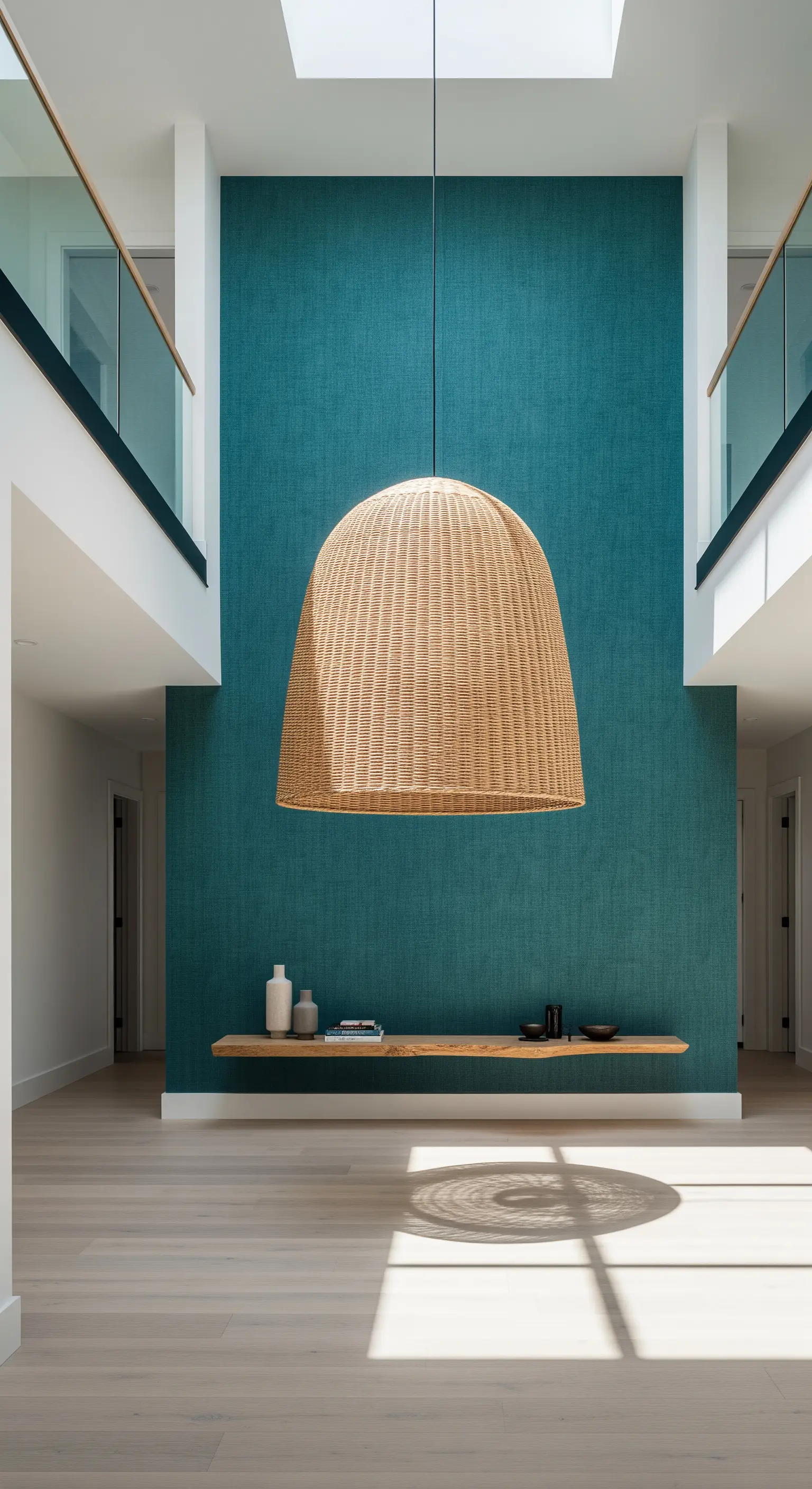 Lampadario oversize in rattan sospeso in un ingresso a doppia altezza con parete verde acqua.