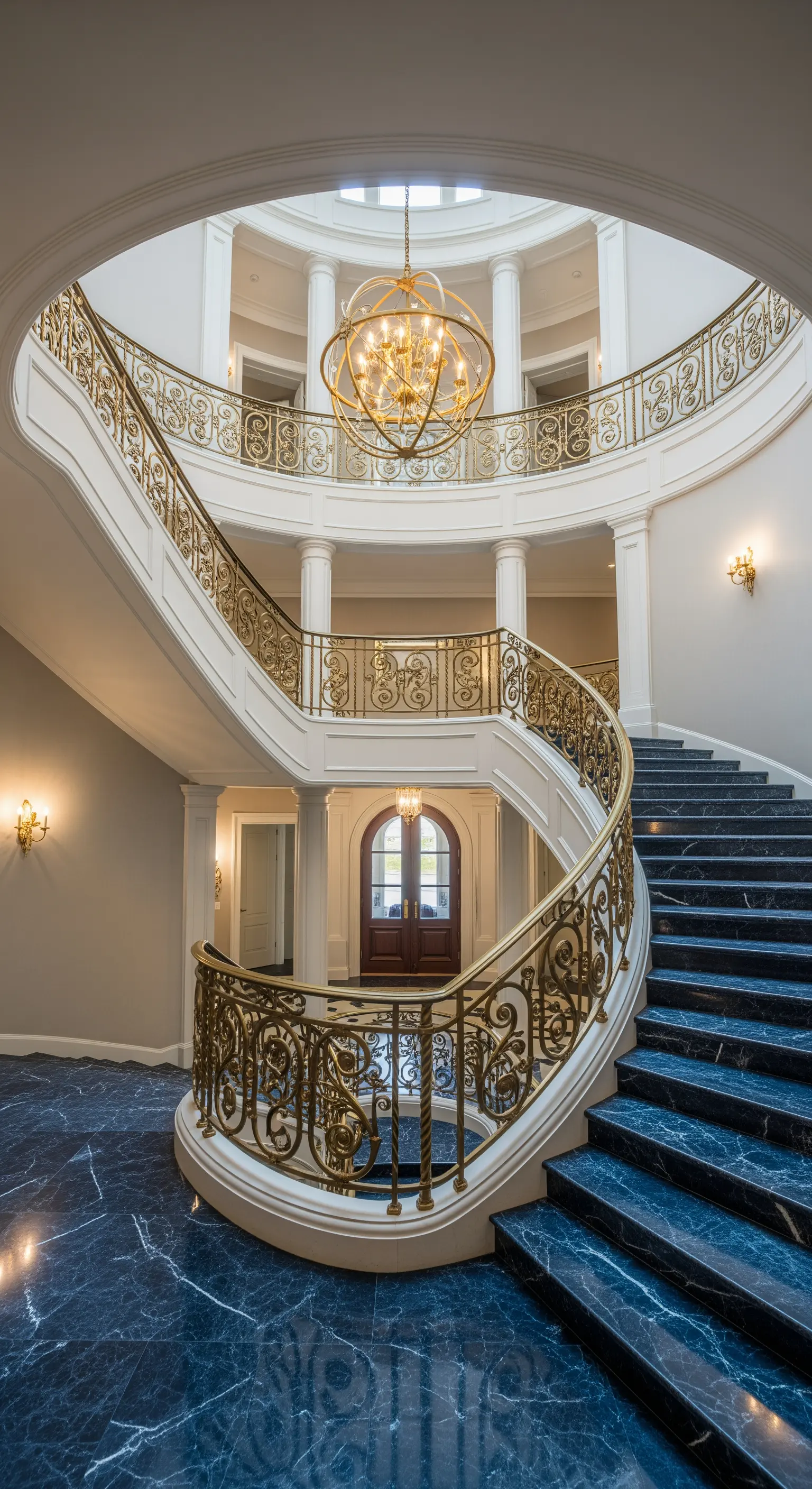 Scala a chiocciola monumentale con gradini in marmo blu e ringhiera dorata.