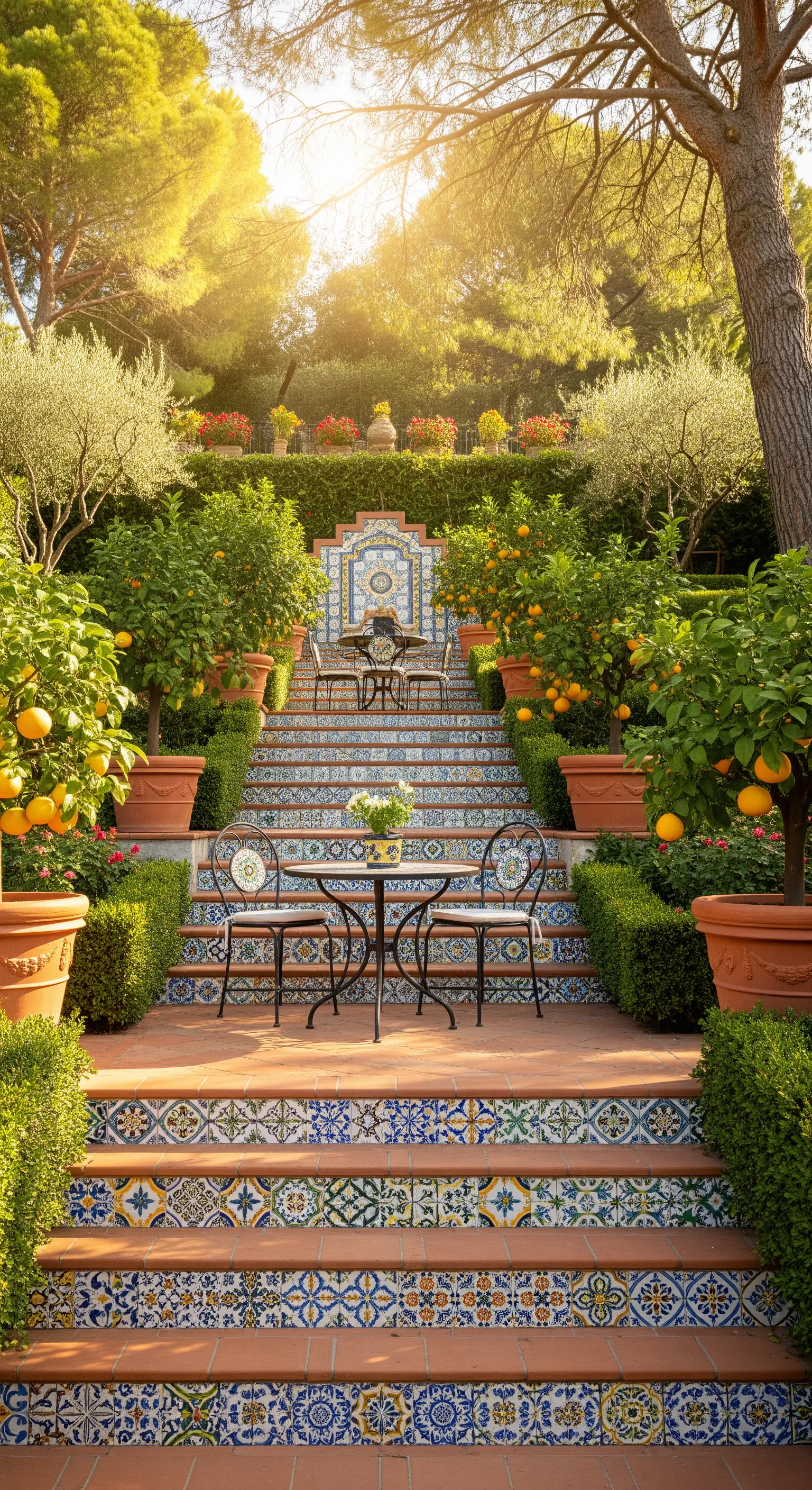 Grande scalinata in un giardino rivestita con maioliche colorate e fiancheggiata da agrumi.