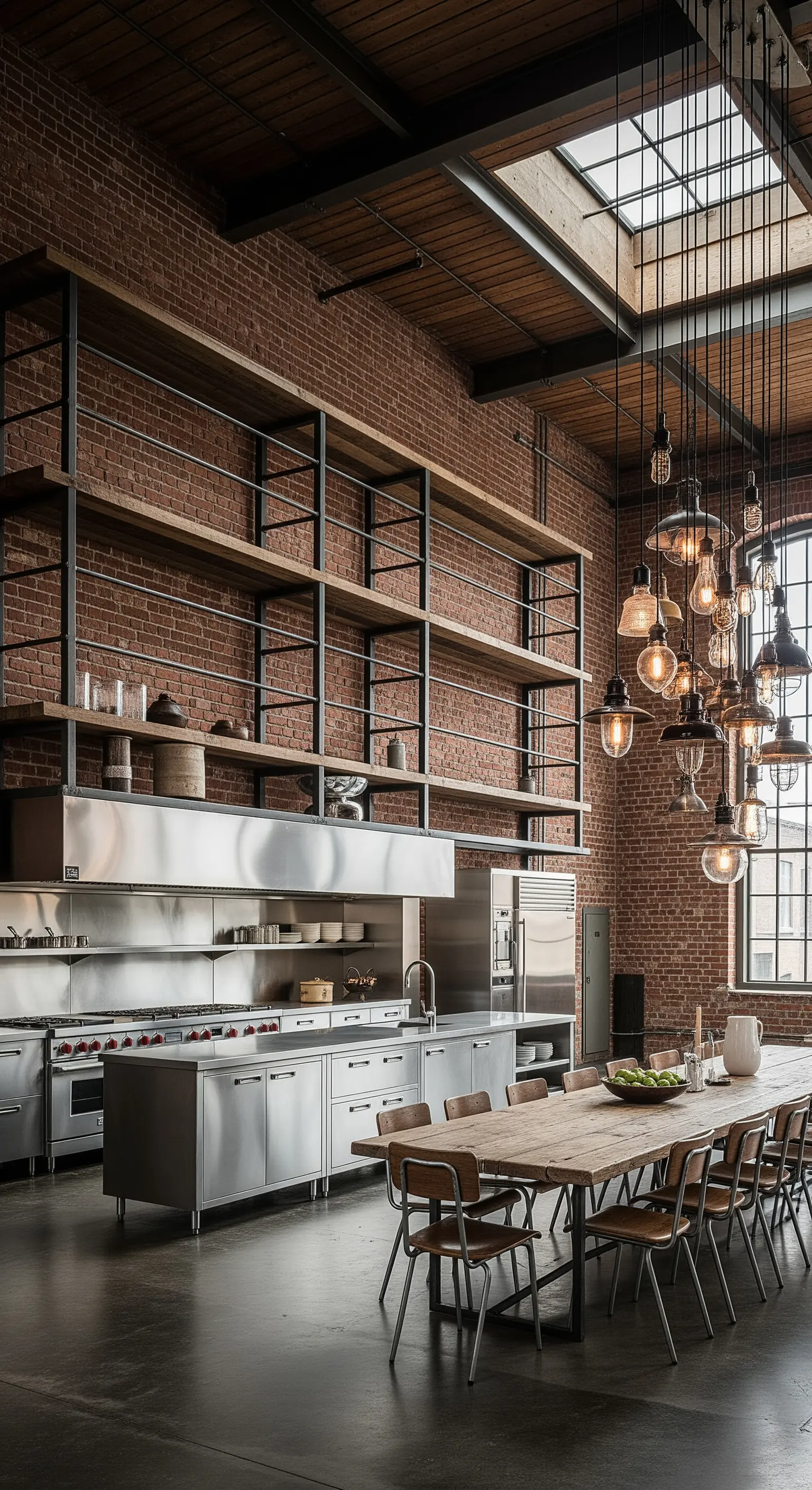 Ampia cucina in stile loft con scaffalature in acciaio fino al soffitto e un gruppo di lampade.