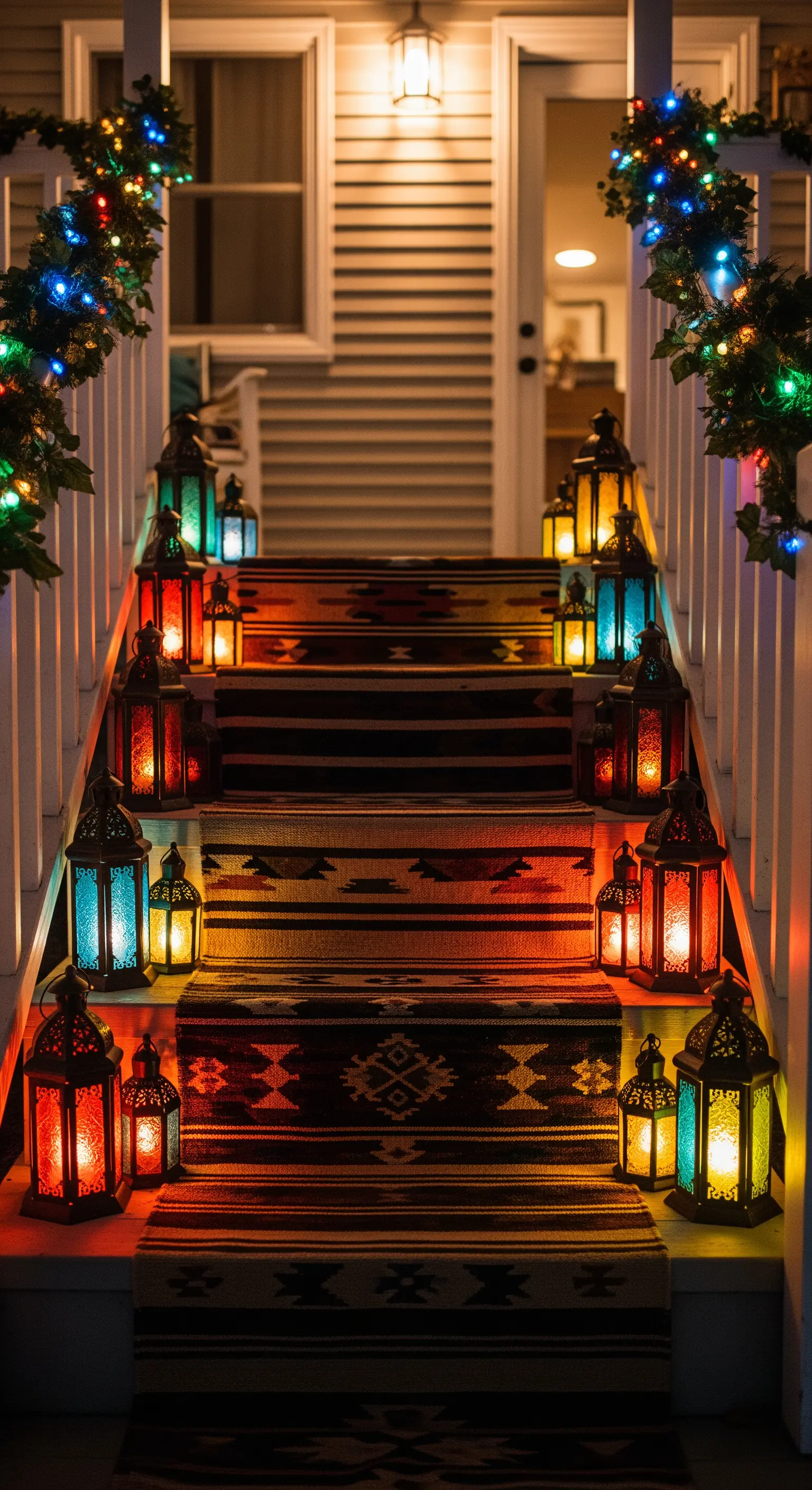 Scalinata d'ingresso coperta con tappeti kilim e fiancheggiata da lanterne colorate.