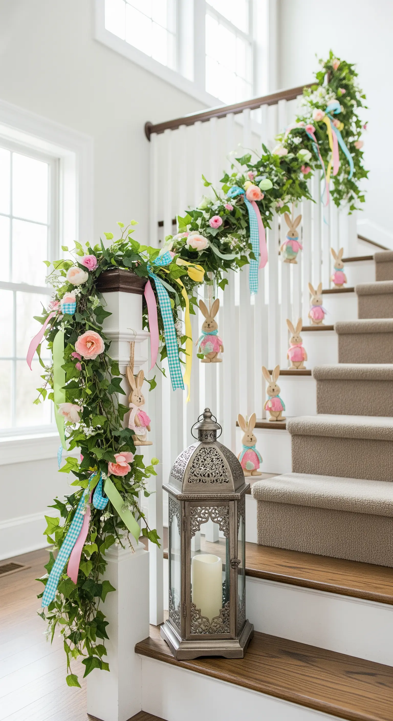 Scala decorata per Pasqua con una ghirlanda di fiori, nastri colorati e coniglietti sui gradini.