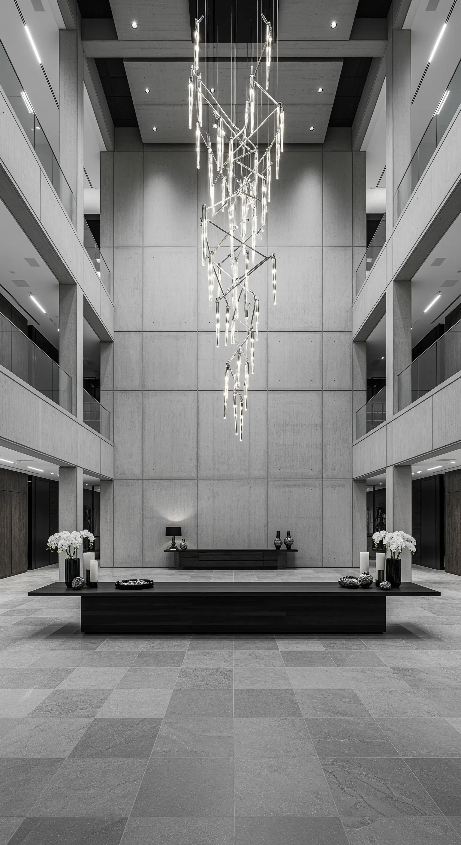 Atrio monumentale a doppia altezza con pareti in cemento e un enorme lampadario moderno.