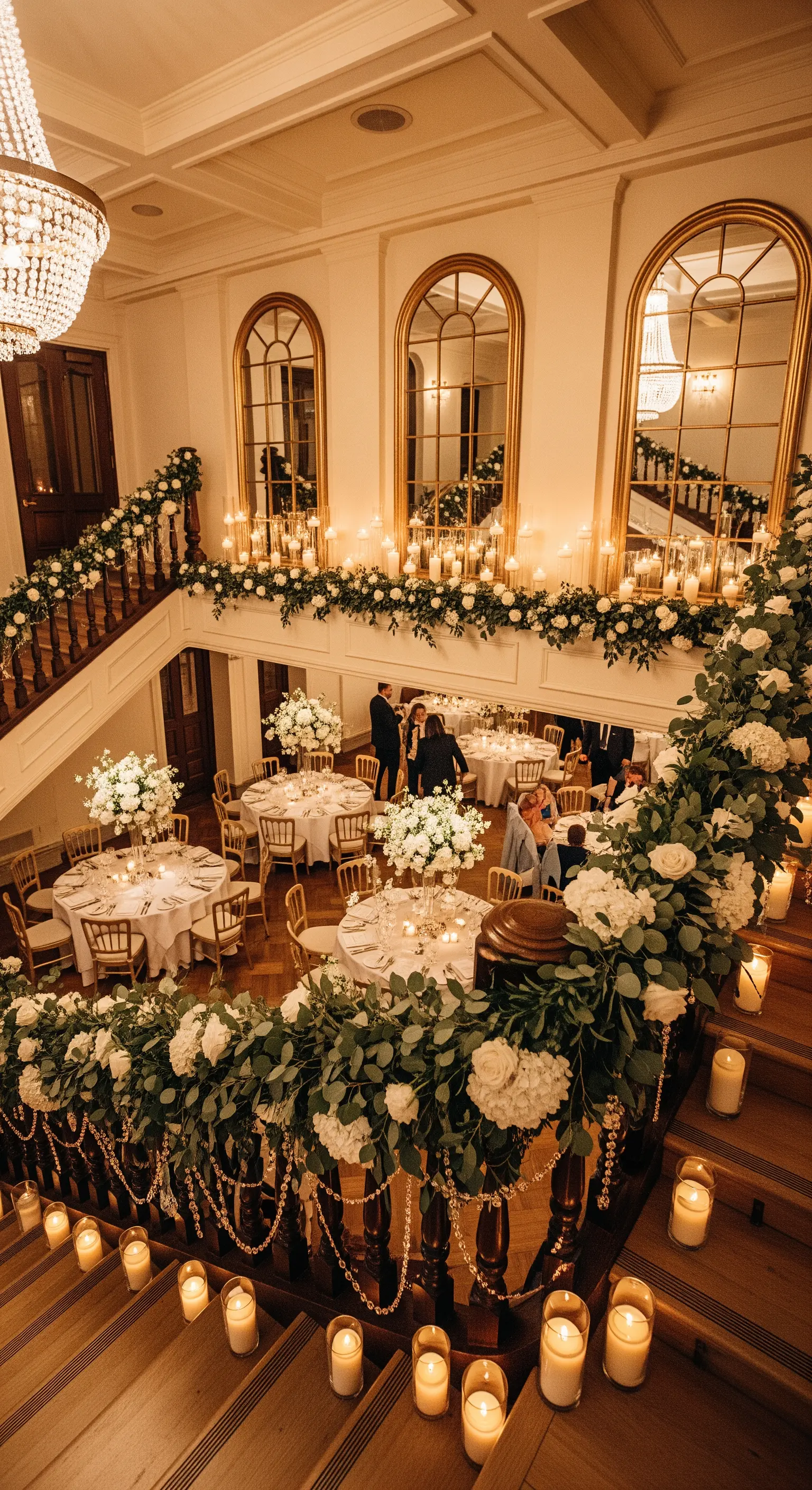Scalinata elegante decorata con ghirlande di fiori bianchi e candele su ogni gradino.