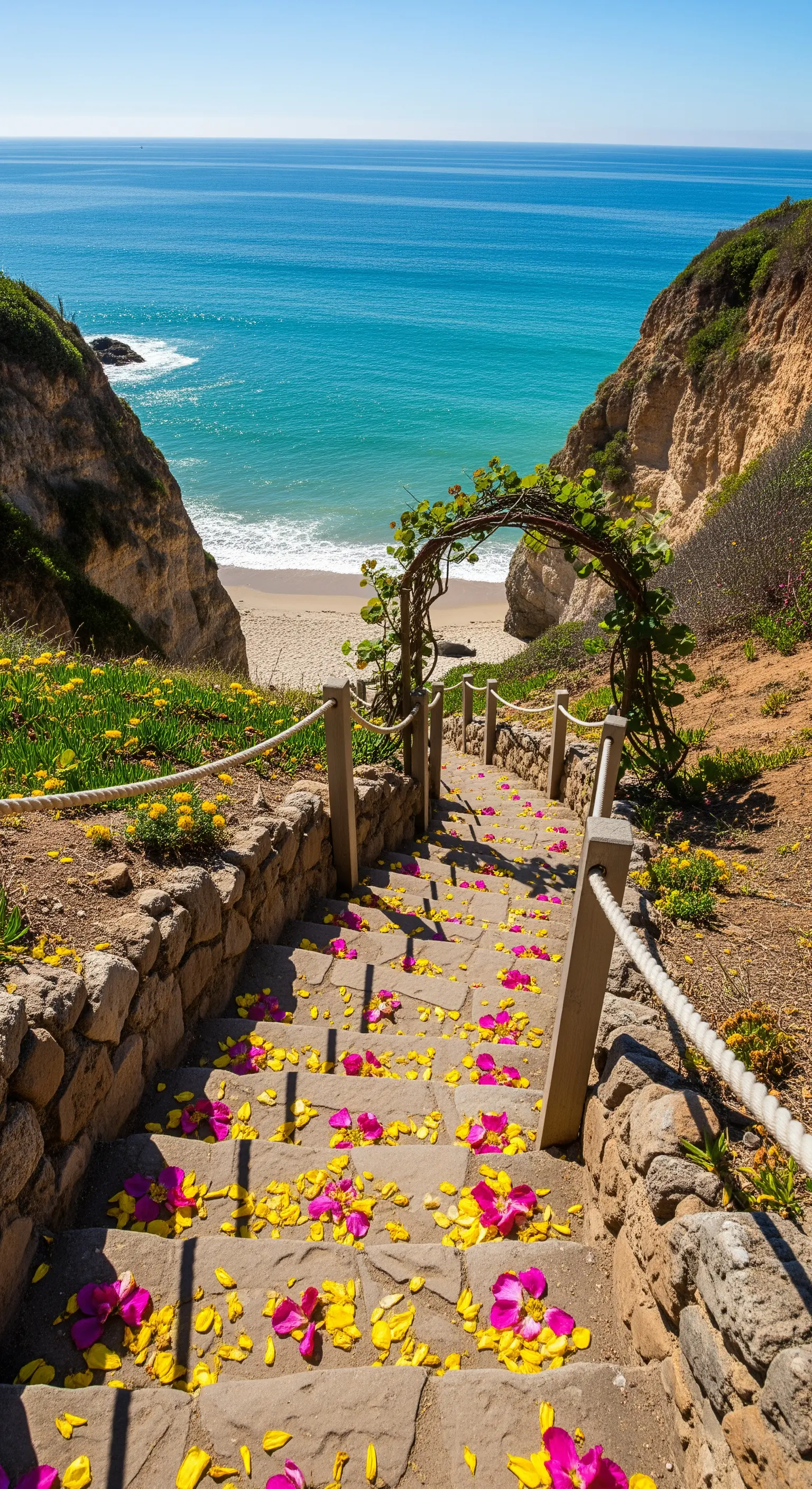 Scalinata in pietra che scende verso una spiaggia, decorata con petali e un arco di vite.