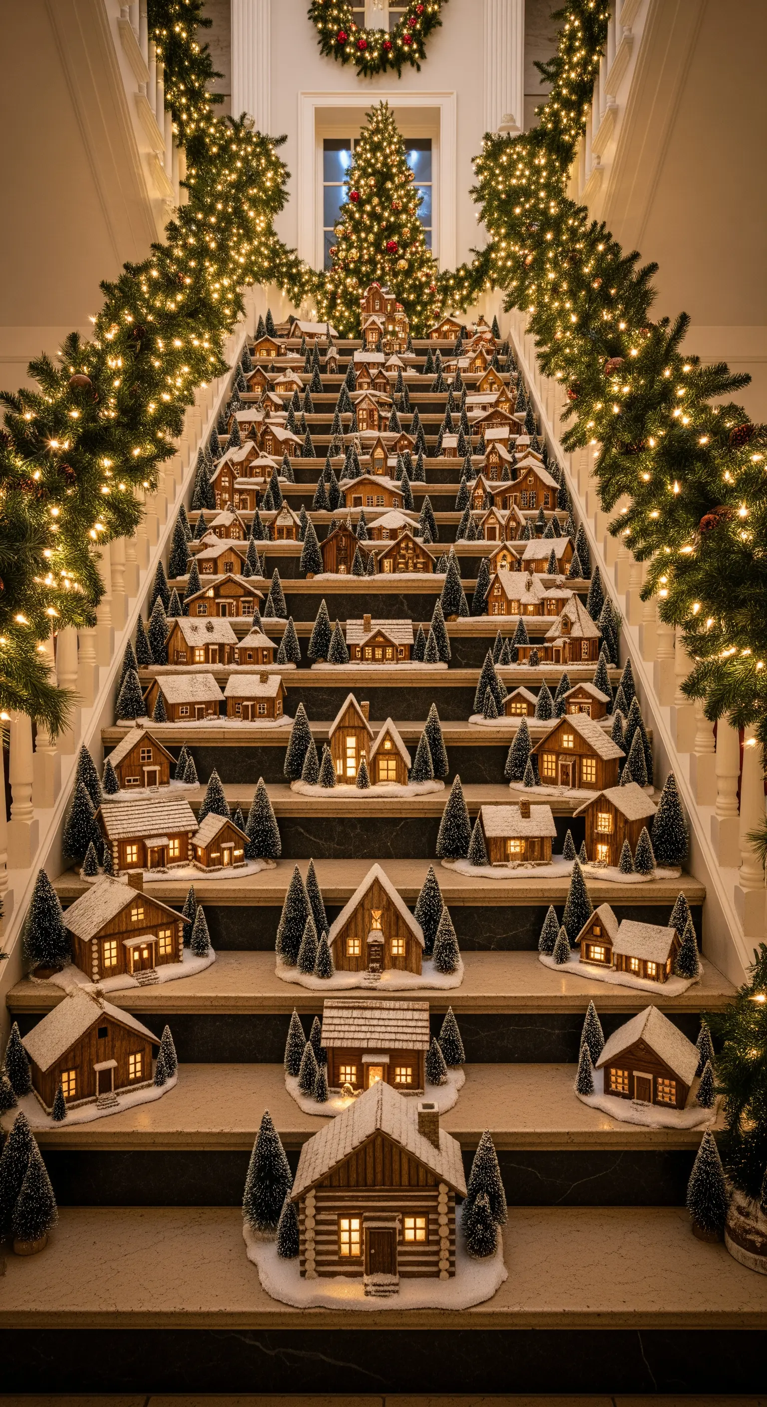 Una grande scalinata interamente decorata con un villaggio natalizio su ogni gradino.