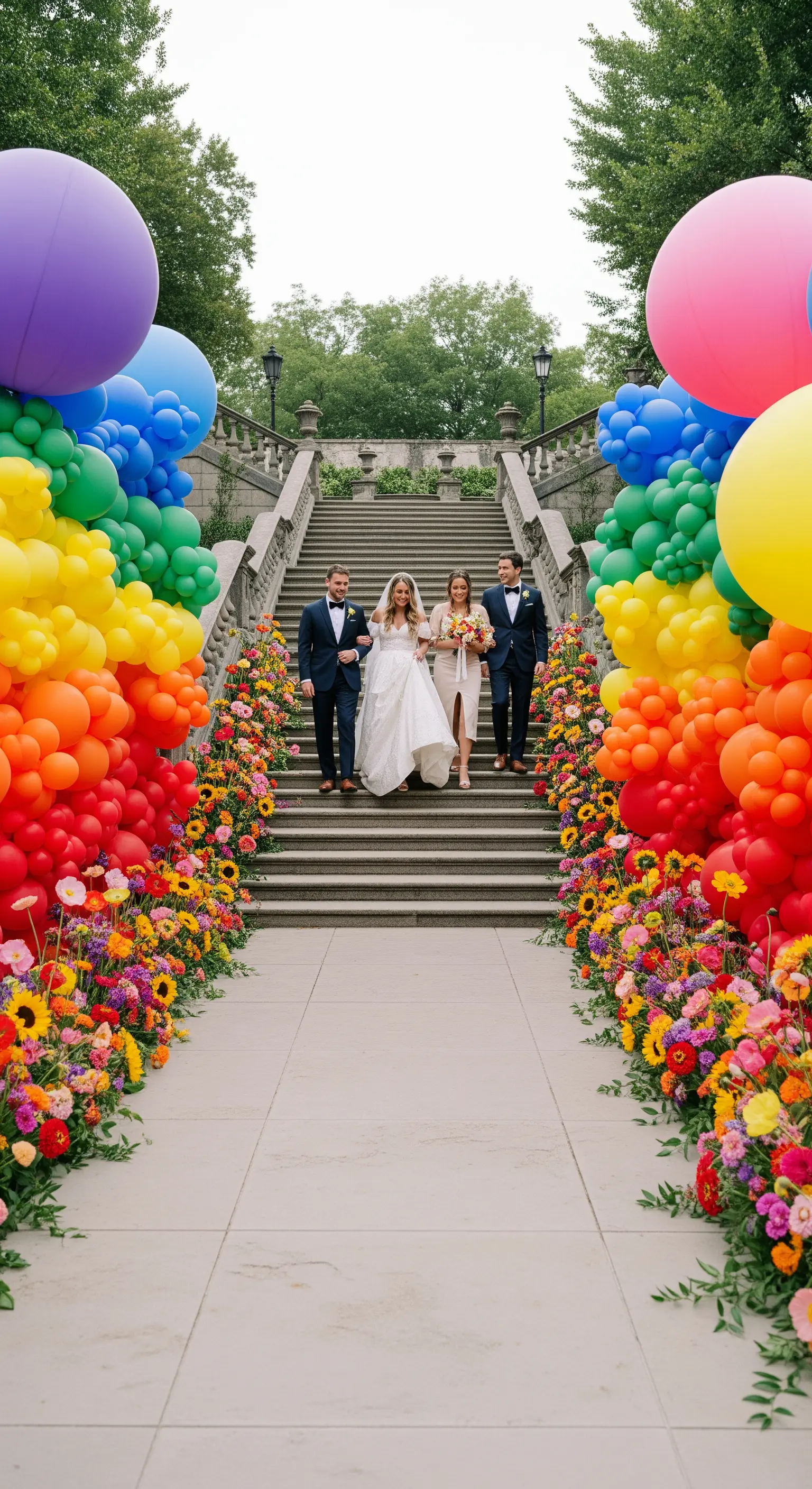 Sposi e testimoni scendono da una scalinata decorata con palloncini e fiori arcobaleno.