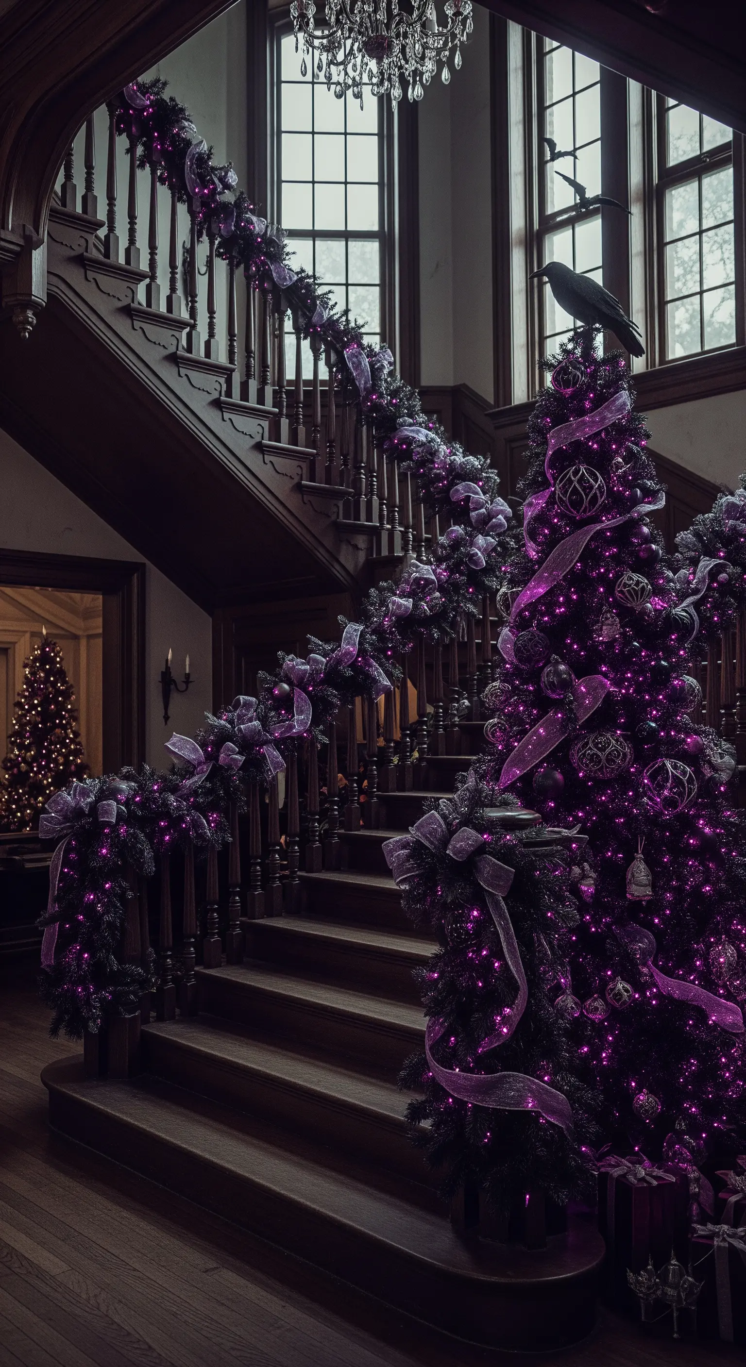 Scala in legno con ghirlanda nera illuminata da luci viola, coordinata con l'albero.