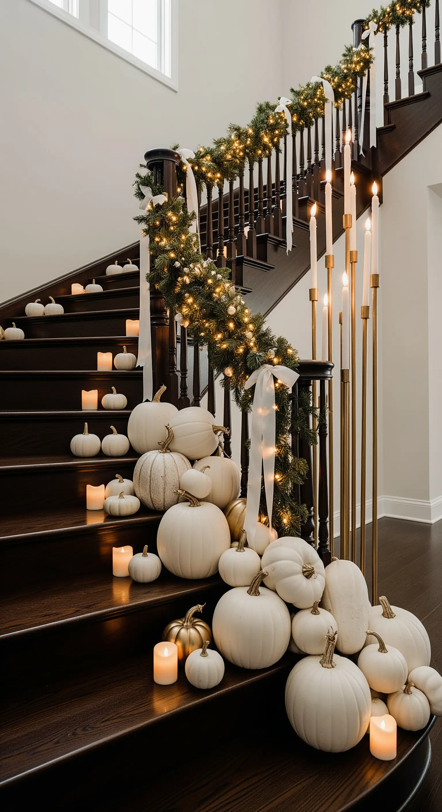 Scala decorata per Halloween con ghirlanda, zucche bianche e candele