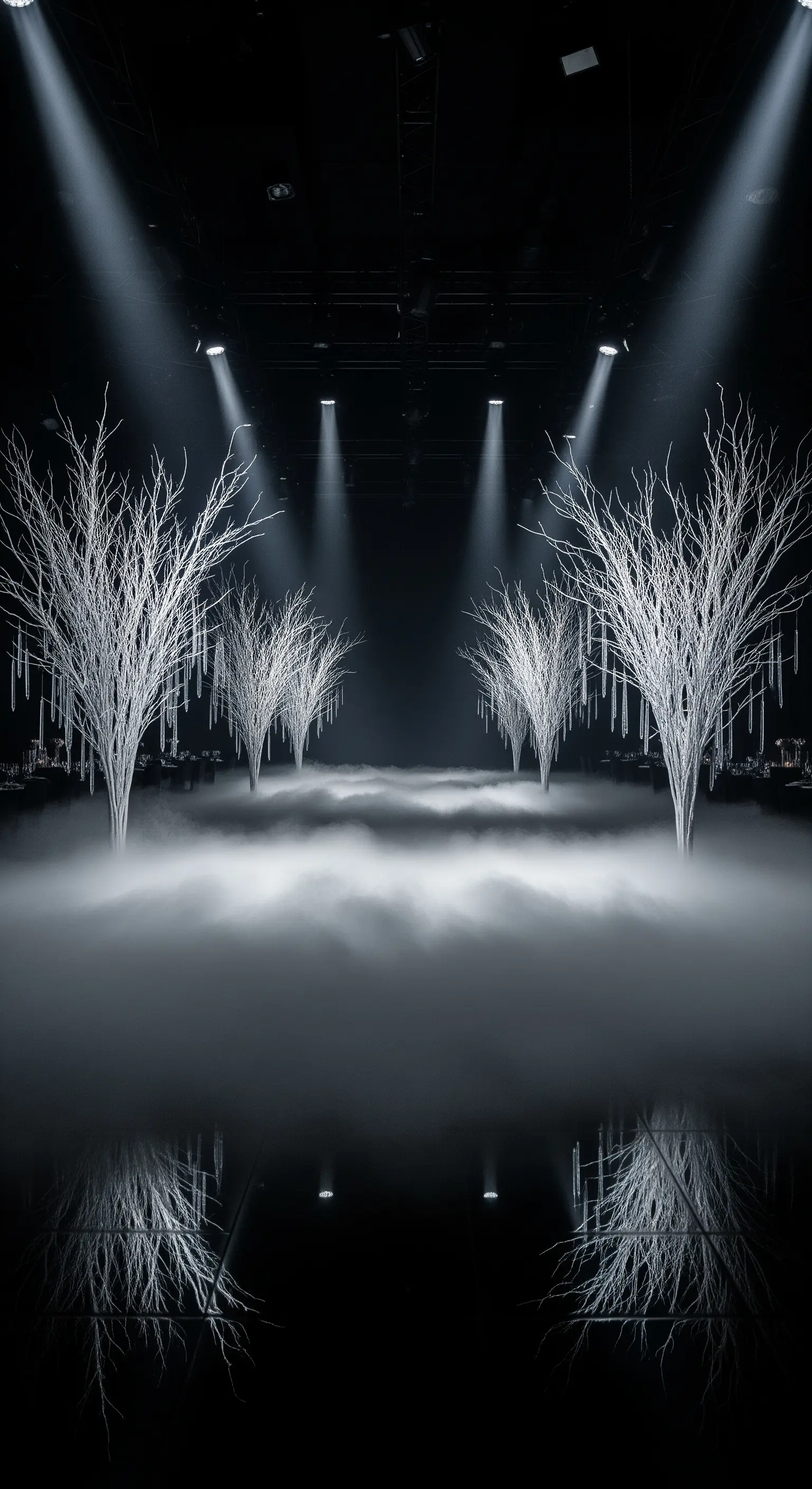 Palco con alberi bianchi, nebbia artificiale, faretti e pavimento nero riflettente.