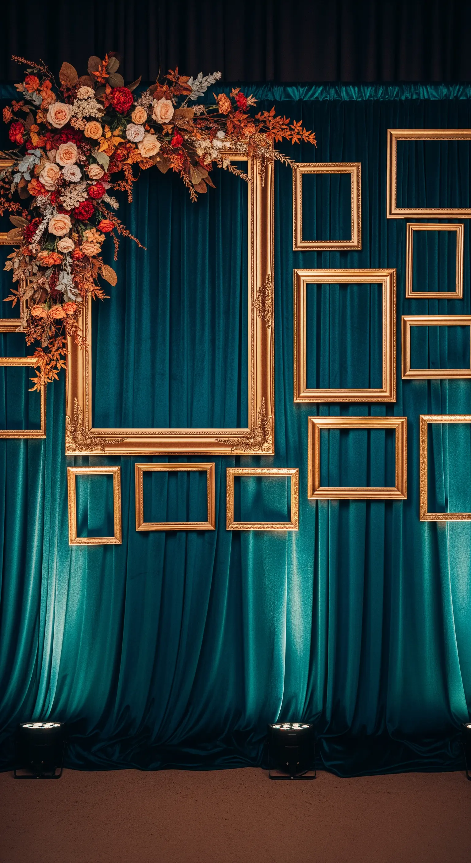 Photo booth con fondale in velluto blu e una composizione di cornici dorate vuote.