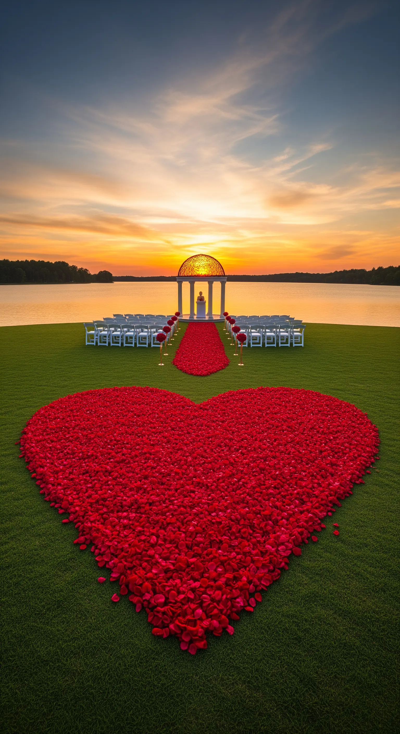Un grande cuore di petali di rosa rossi su un prato verde di fronte a un gazebo al tramonto.