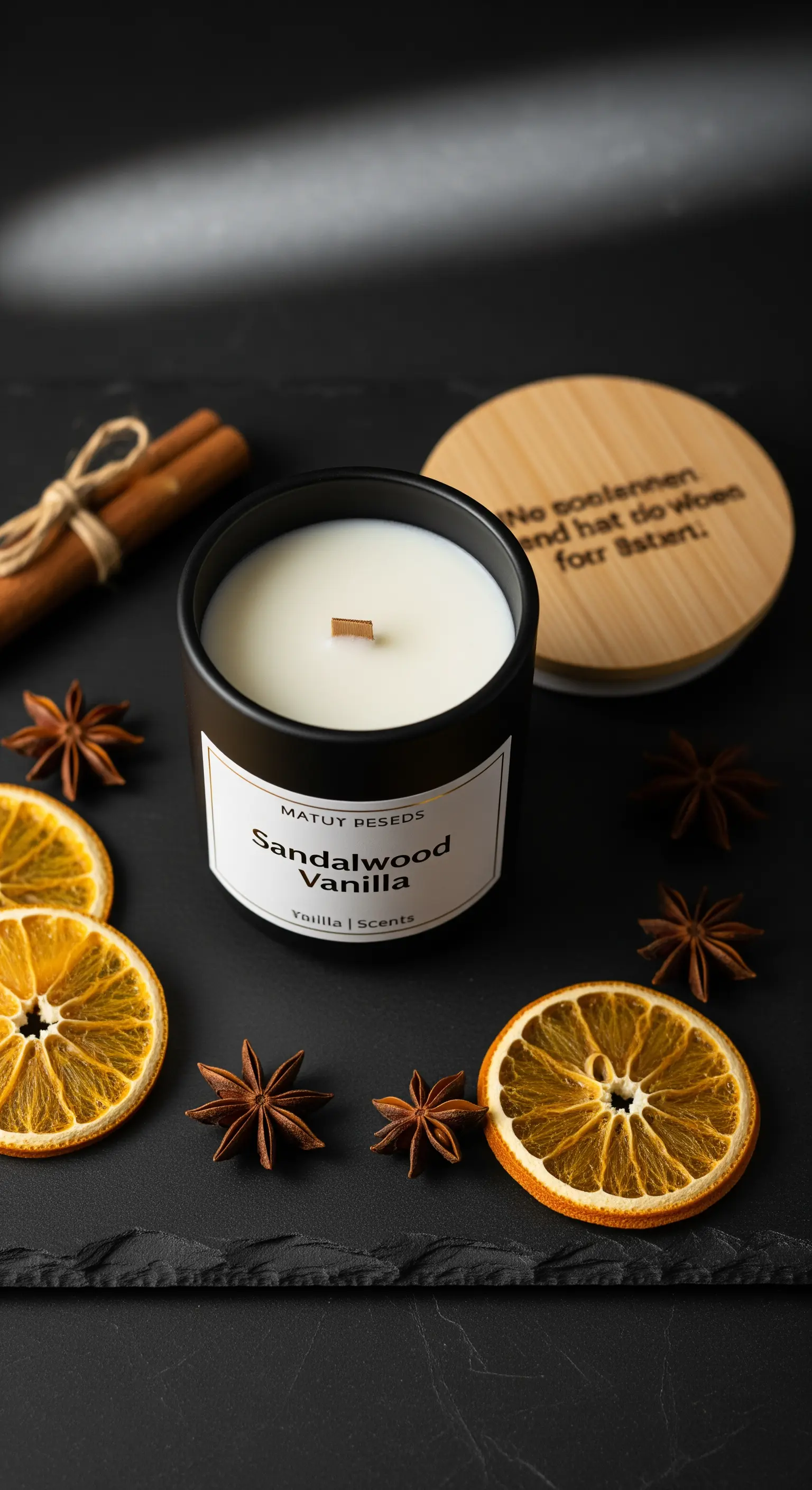 Candela al sandalo e vaniglia circondata da arancia essiccata, anice stellato e cannella.