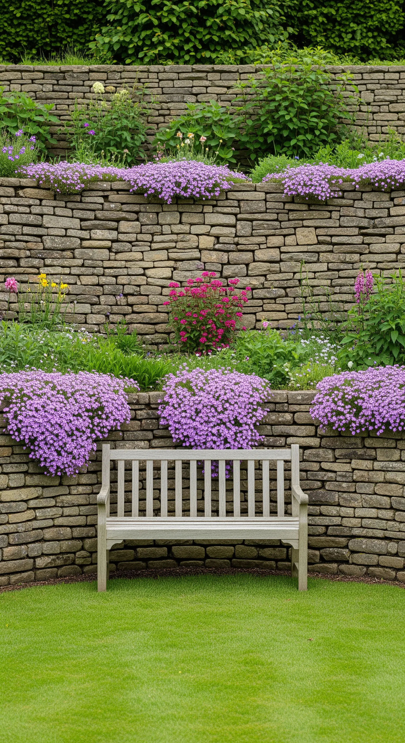 Panchina in legno chiaro inserita in un muretto a secco a gradoni con fiori viola.
