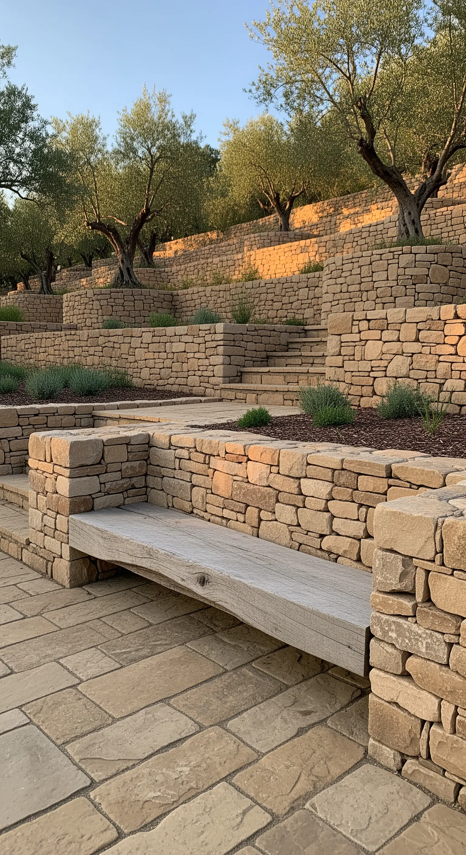 Panca in legno grezzo inserita in un muretto a secco in pietra arenaria, in un giardino terrazzato.