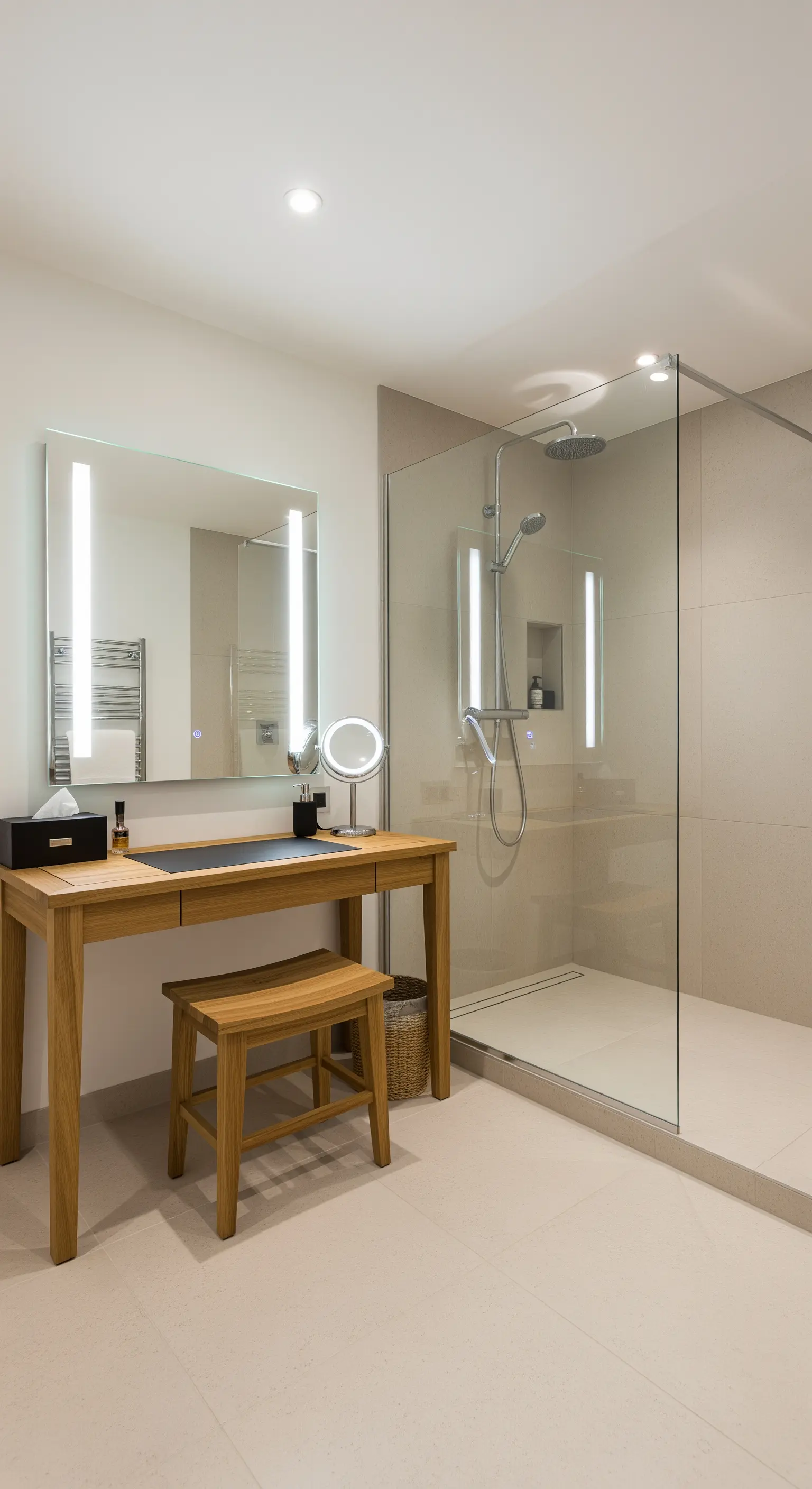 Scrivania da trucco in legno chiaro con sgabello coordinato accanto alla doccia.
