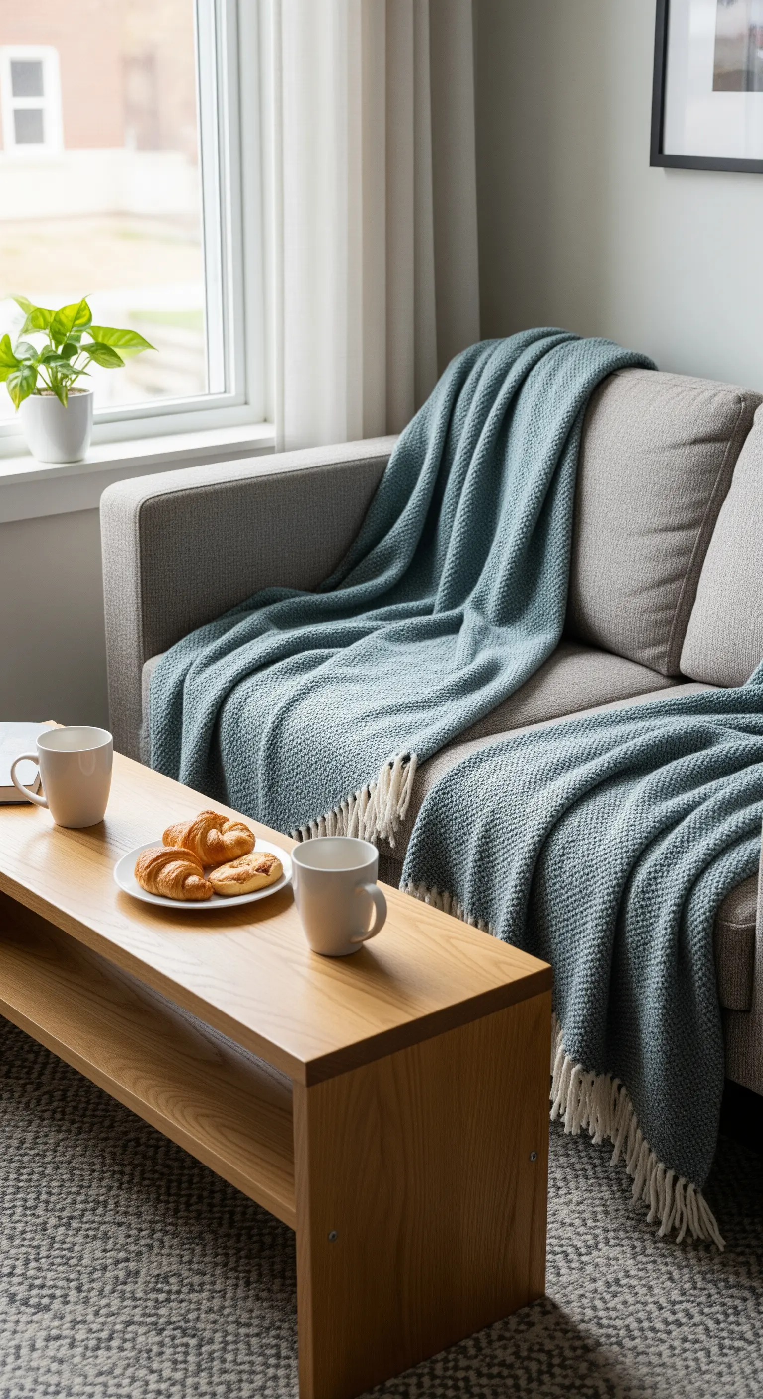 Divano grigio con una coperta blu polvere, davanti a un tavolino in legno con tazze e croissant.