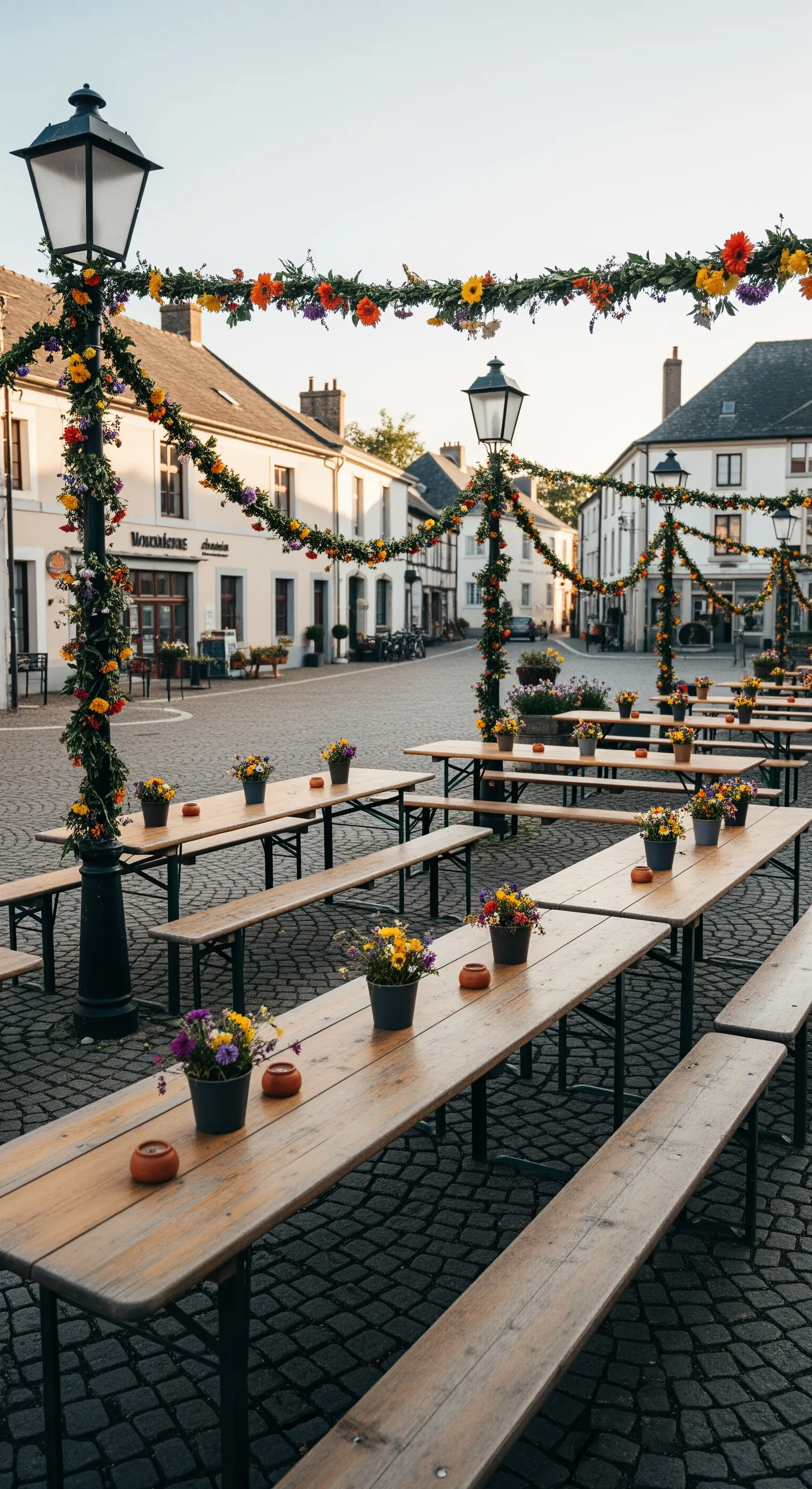 Lunghi tavoli da picnic in legno allestiti in una piazza per una festa, con ghirlande di fiori.