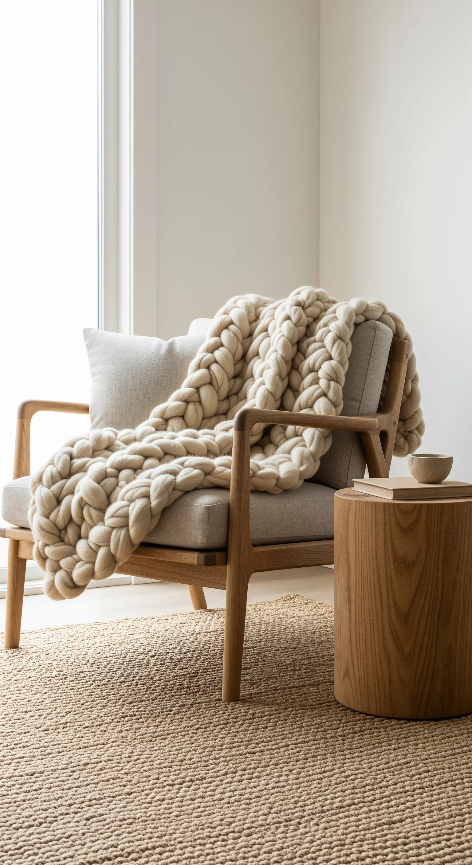 Poltrona in legno chiaro con coperta a treccia gigante, su un tappeto di juta vicino a un tavolino cilindrico.