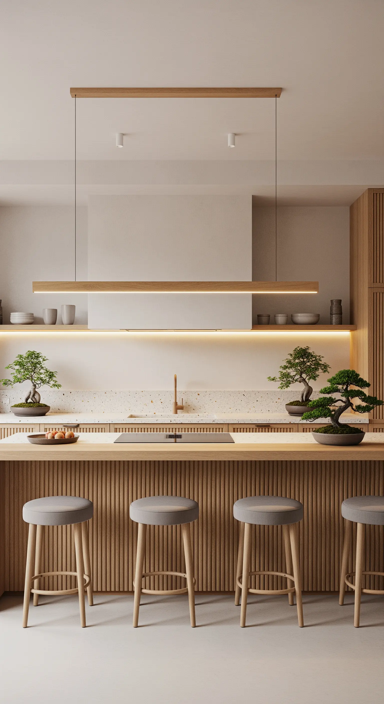 Cucina in stile Japandi con penisola in legno cannettato, sgabelli grigi e piante bonsai